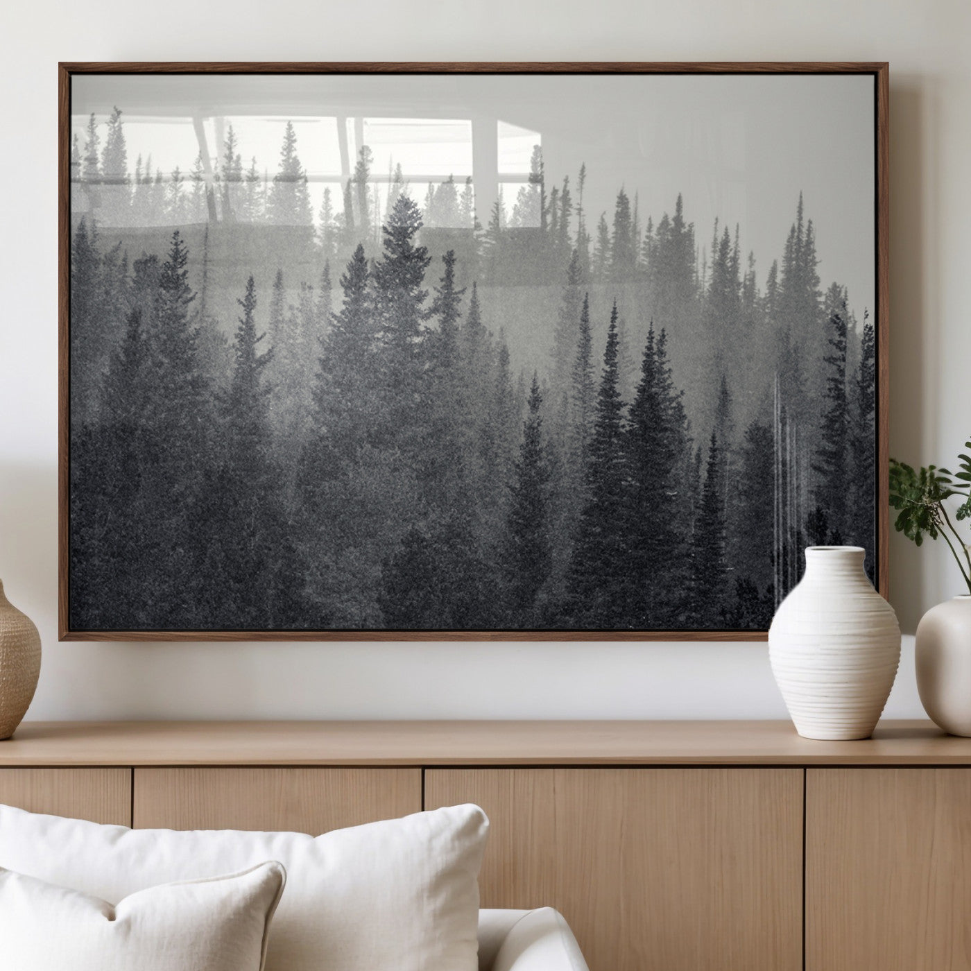 MGV-FP-60X30-3P - Misty Forest Canvas Wall Art – Monochrome Triptych Pine Tree Print – Nature-Inspired Home Decor –