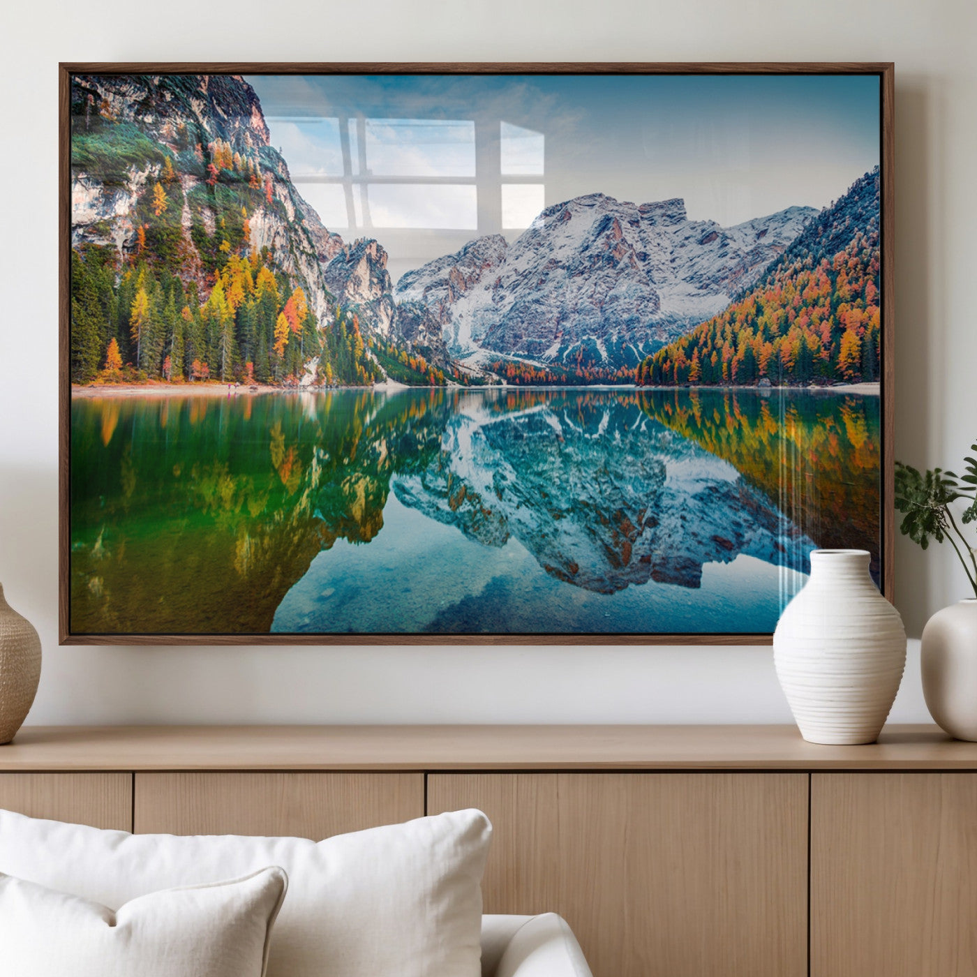 11645-MGV-FP-60X30-3P_Walnut-Spectacular autumn view of Braies Lake Wall Art Canvas Print