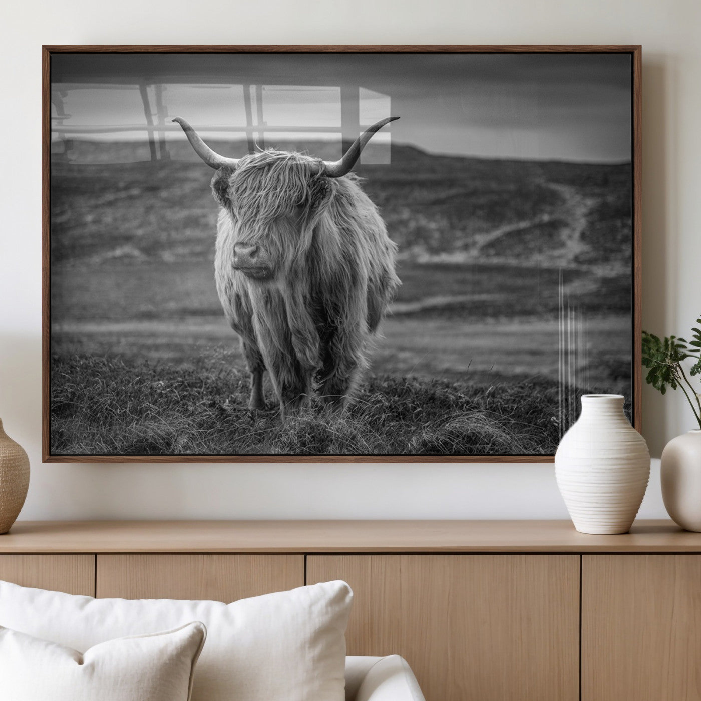 MGV-FP-60X30-3P - Fluffy Cattle Wall Art Print, Highland Cow Canvas, Framed Black and white Wall Art