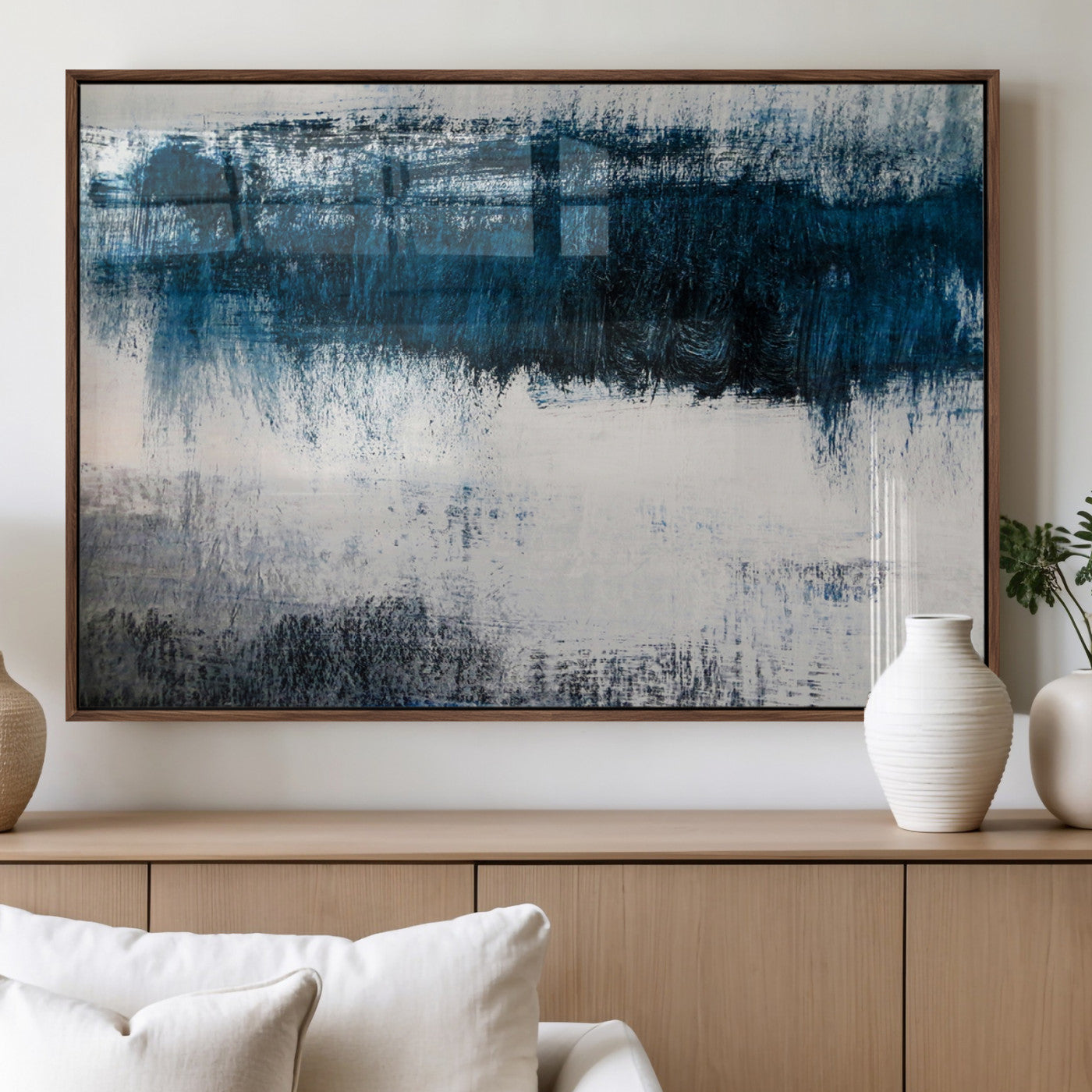 MGV-FP-60X30-3P - Abstract Blue and White Canvas Art | Large Wall Art for Modern Living Room Decor | Minimalist