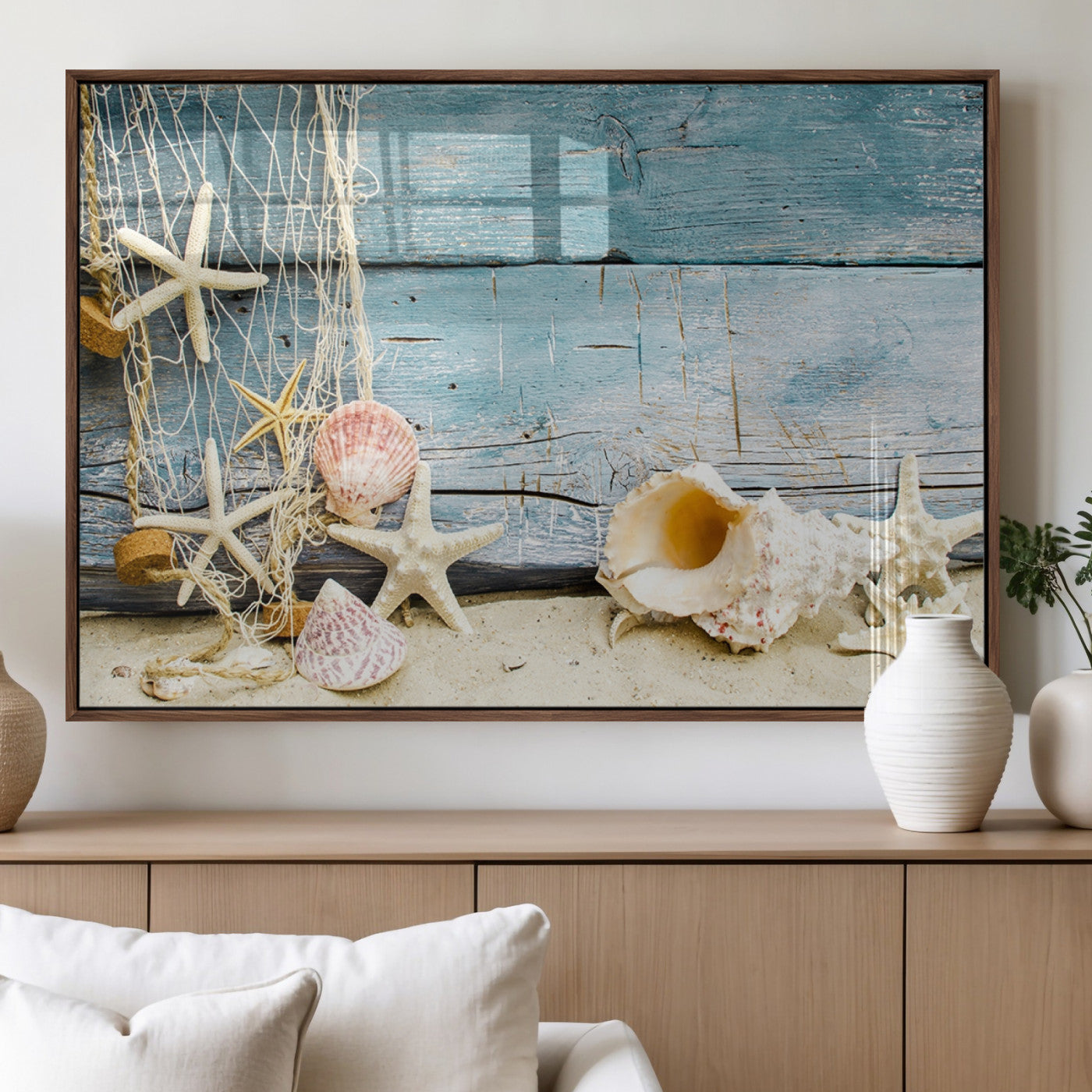 MGV-FP-60X30-3P - Seashells on Rustic Wooden Background, Seashells Wall Art Canvas Print