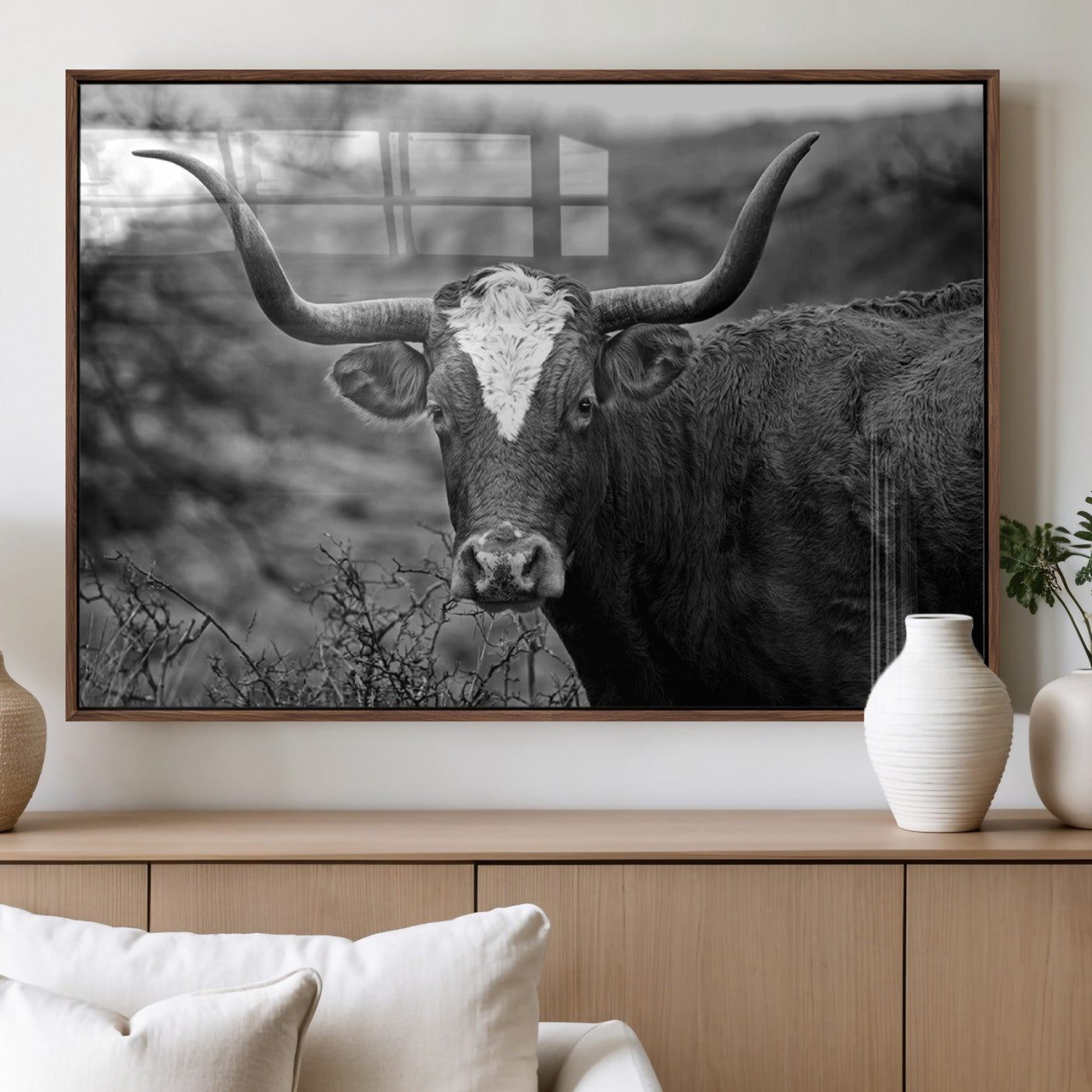 MGV-FP-60X30-3P - Western Home Wall Art Canvas Print, Framed Texas Longhorn Art Picture Print, Rustic Cow Perfect Rustic Farmhouse Decor Artwork