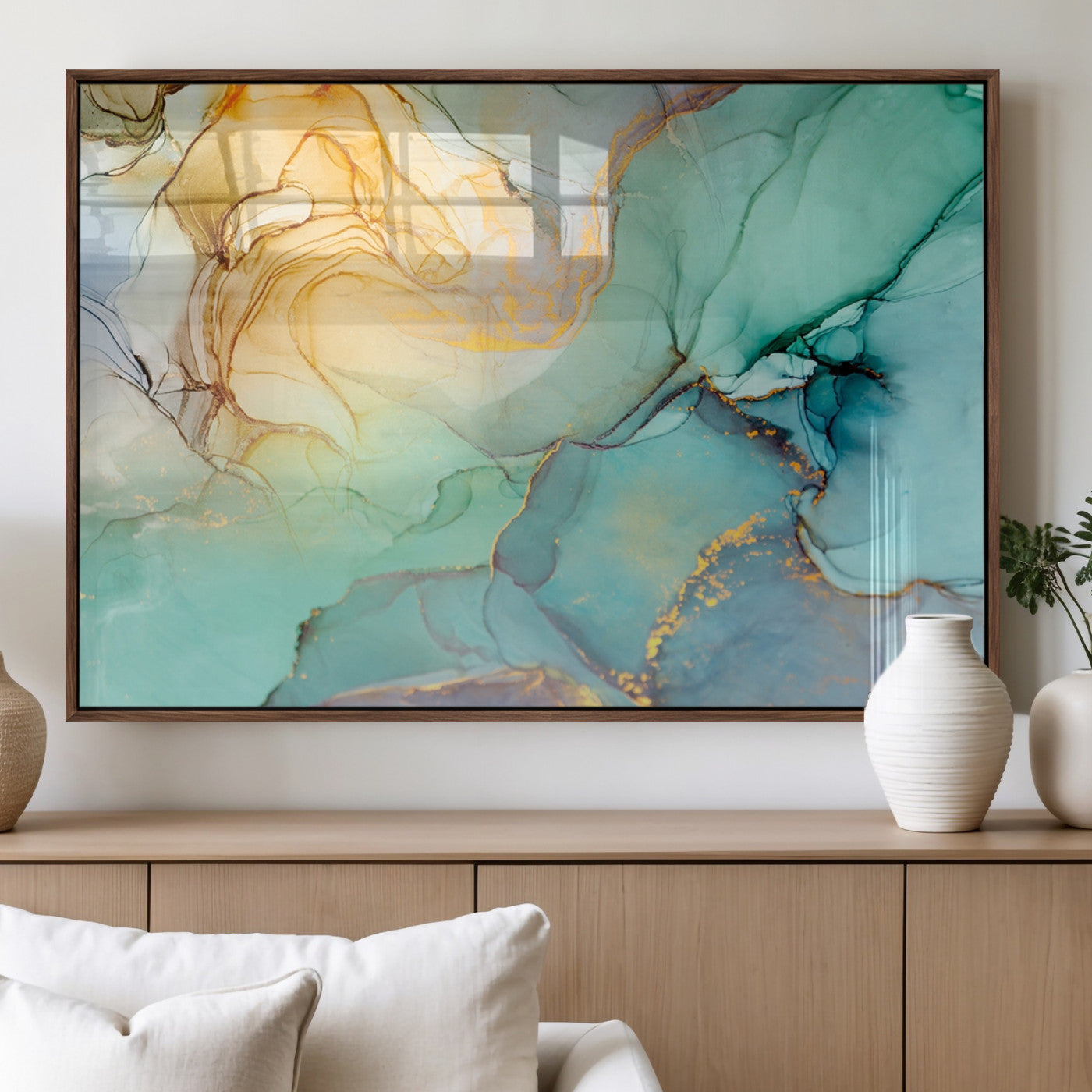 MGV-FP-60X30-3P - Abstract Aqua and Gold Fluid Wall Art Canvas | 3 Panel Large Canvas Print for Living Room, Office,