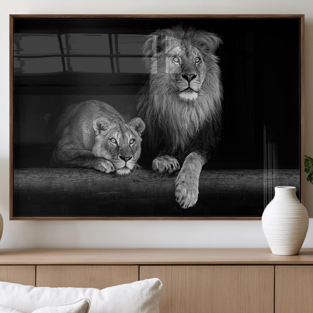 83601-MGV-FP-36X24-3P_Walnut-Large Black and White Lion Couple Wall Art Canvas Print – Framed Wildlife Photography Artwork for Home, Office