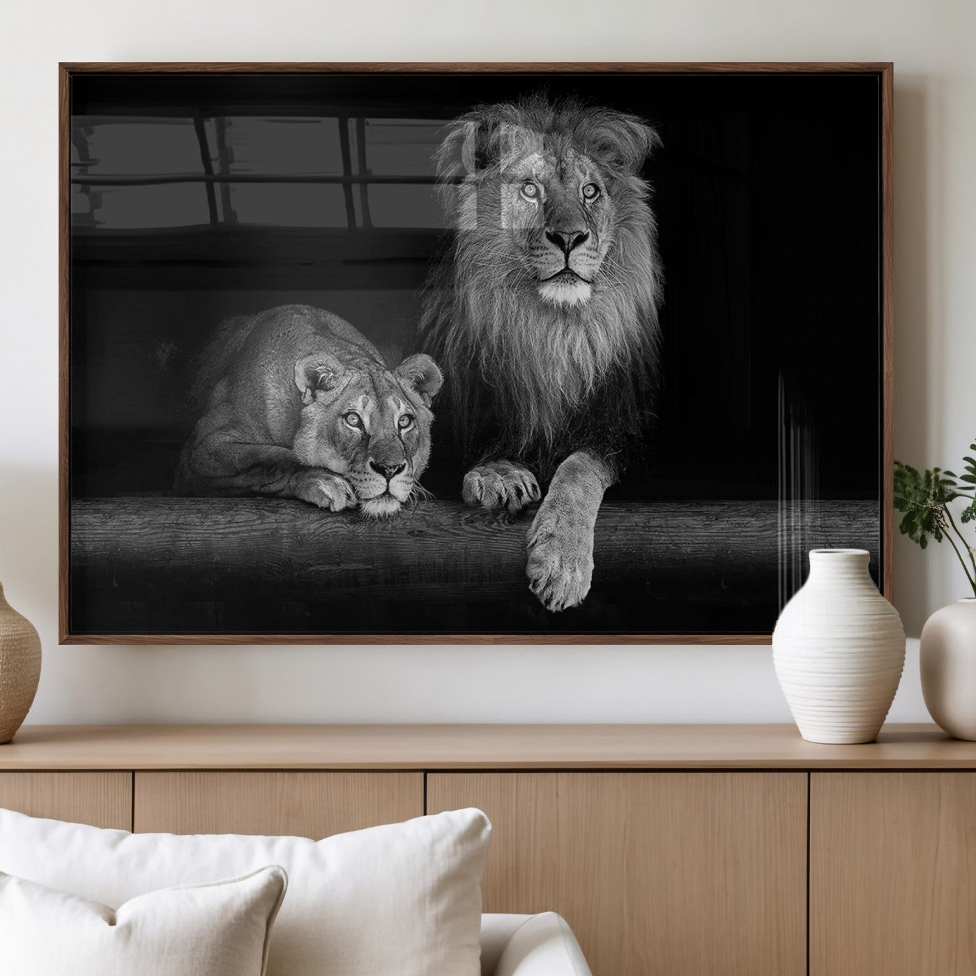 MGV-FP-36X24-3P - Large Black and White Lion Couple Wall Art Canvas Print