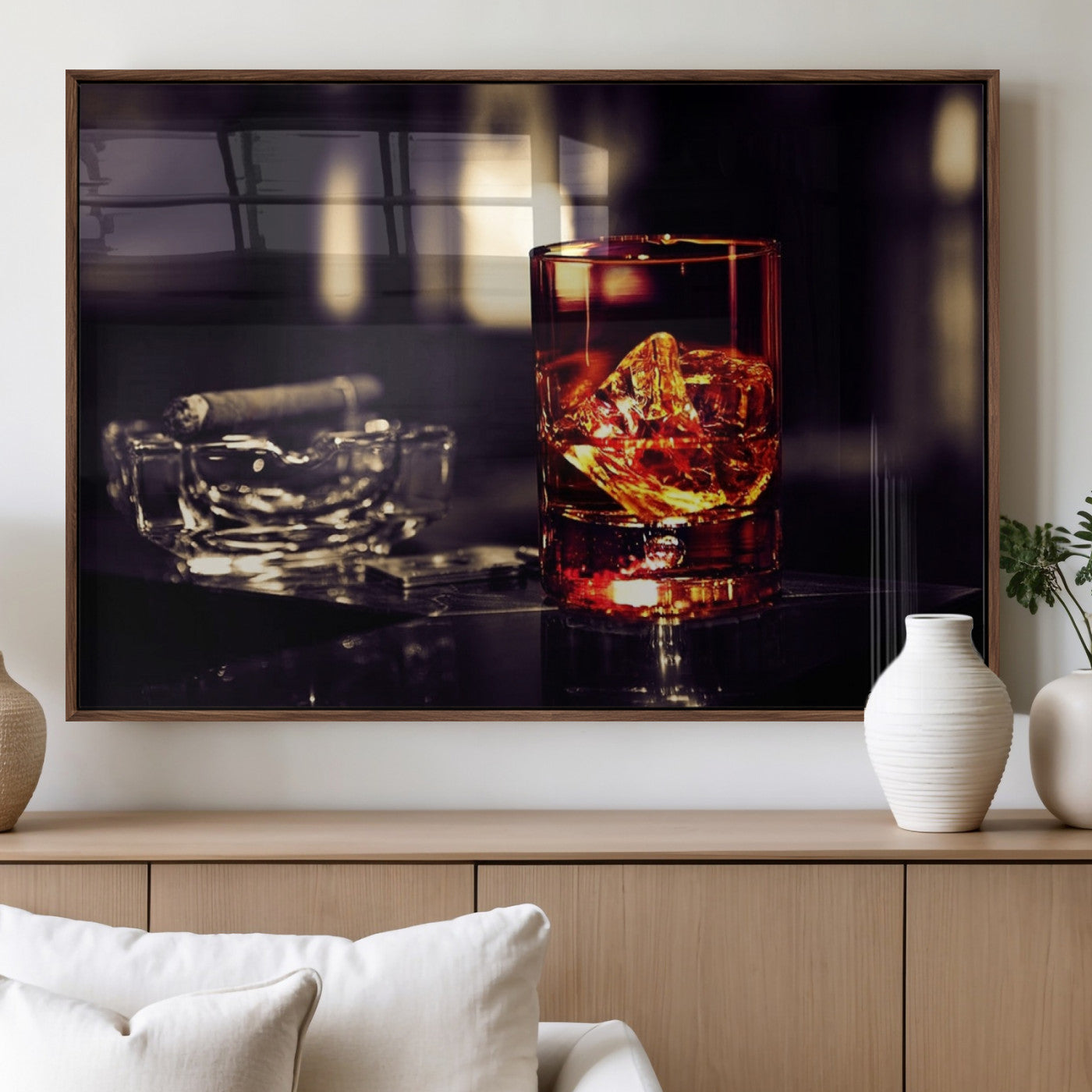 MGV-FP-60X30-3P - Whiskey and Cigar Canvas – Luxurious Wall Art for Home or Bar – Glass and Cigar Scene Print Canvas