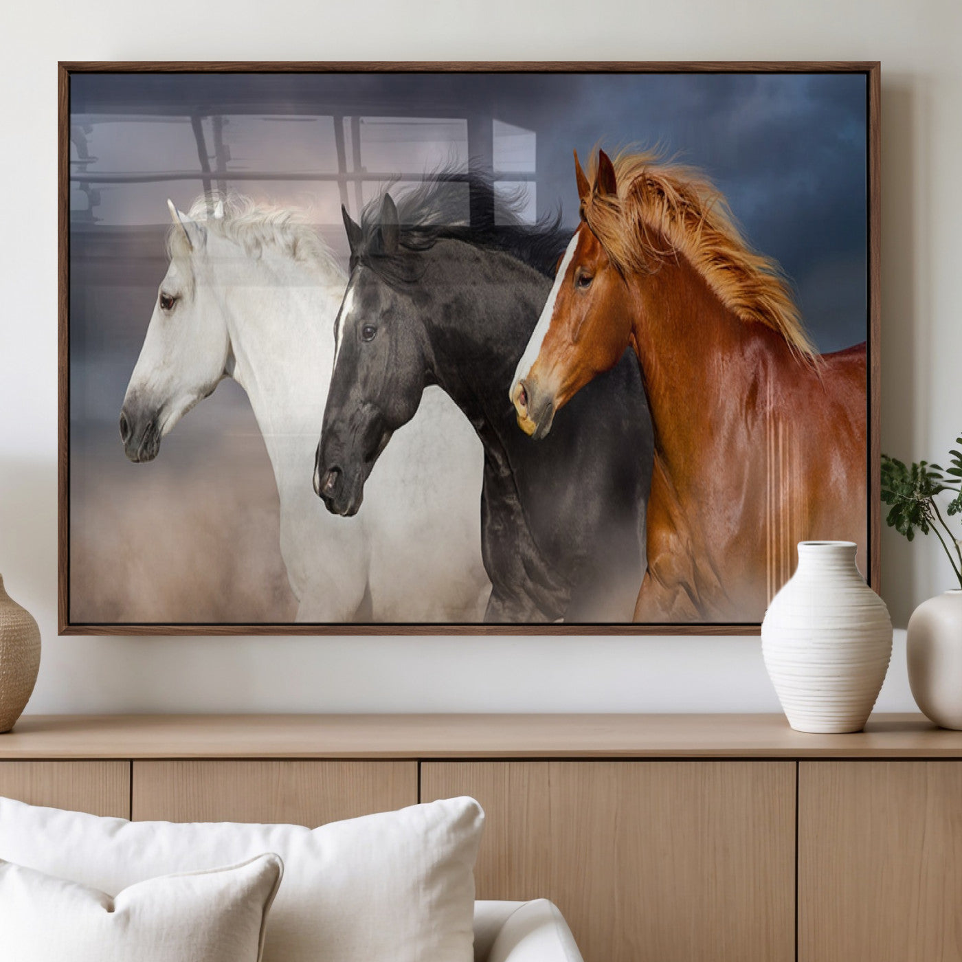 MGV-FP-60X30-3P - Animal Wall Art Three Horses Farmhouse Art Canvas, Framed Three Horses Canvas Print