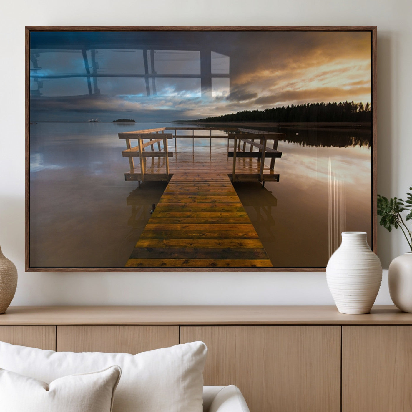 MGV-FP-60X30-3P - Serene Lake Pier at Sunset Canvas Print | Landscape Canvas Print | Ready to Hang and Framed Wall Art