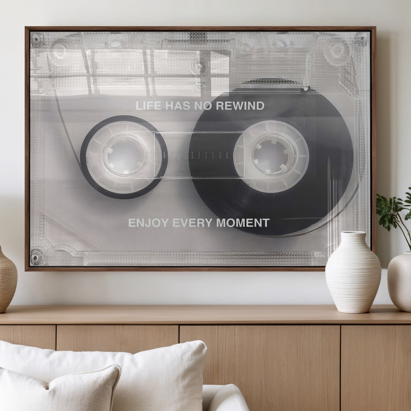 MGV-FP-60X30-3P - Vintage Cassette Tape Canvas Wall Art - Inspirational 'Life Has No Rewind' Quote, Retro Music Decor