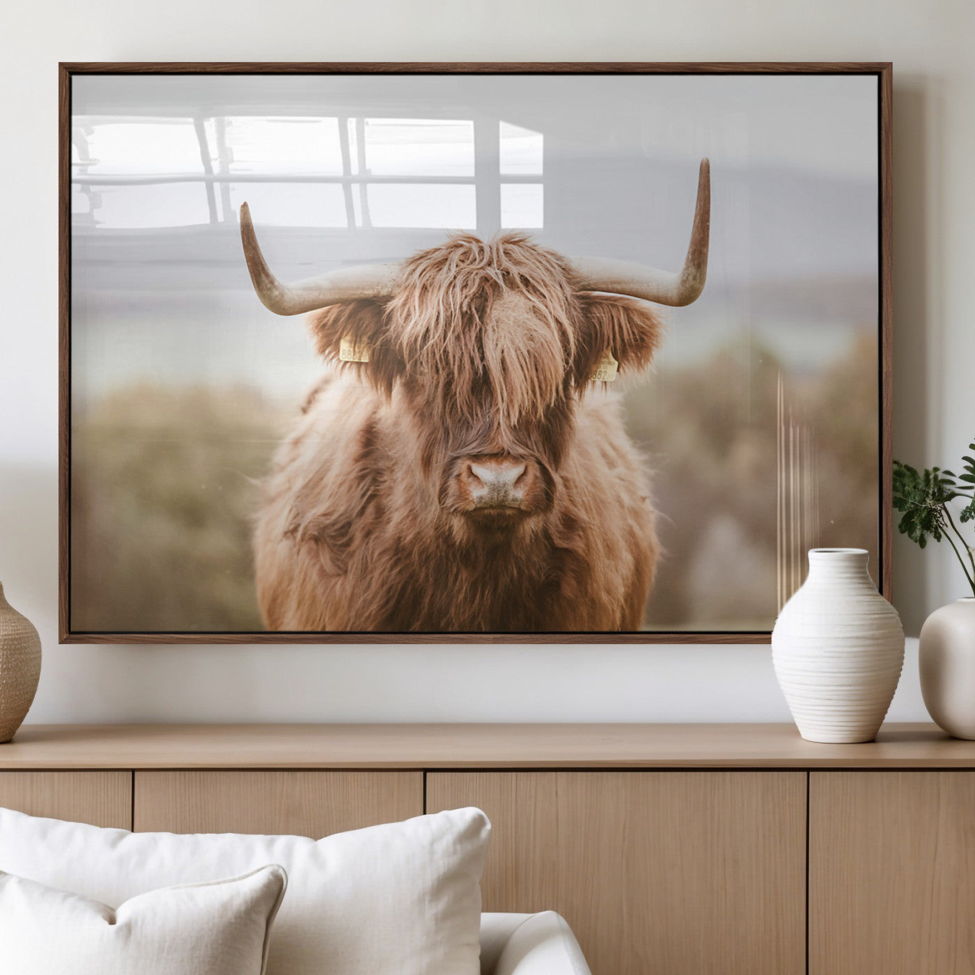 MGV-FP-60X30-3P - Scottish Serene Highland Cow Canvas Wall Art – Serene Highland Cow in Natural Pastel Tones – Ready