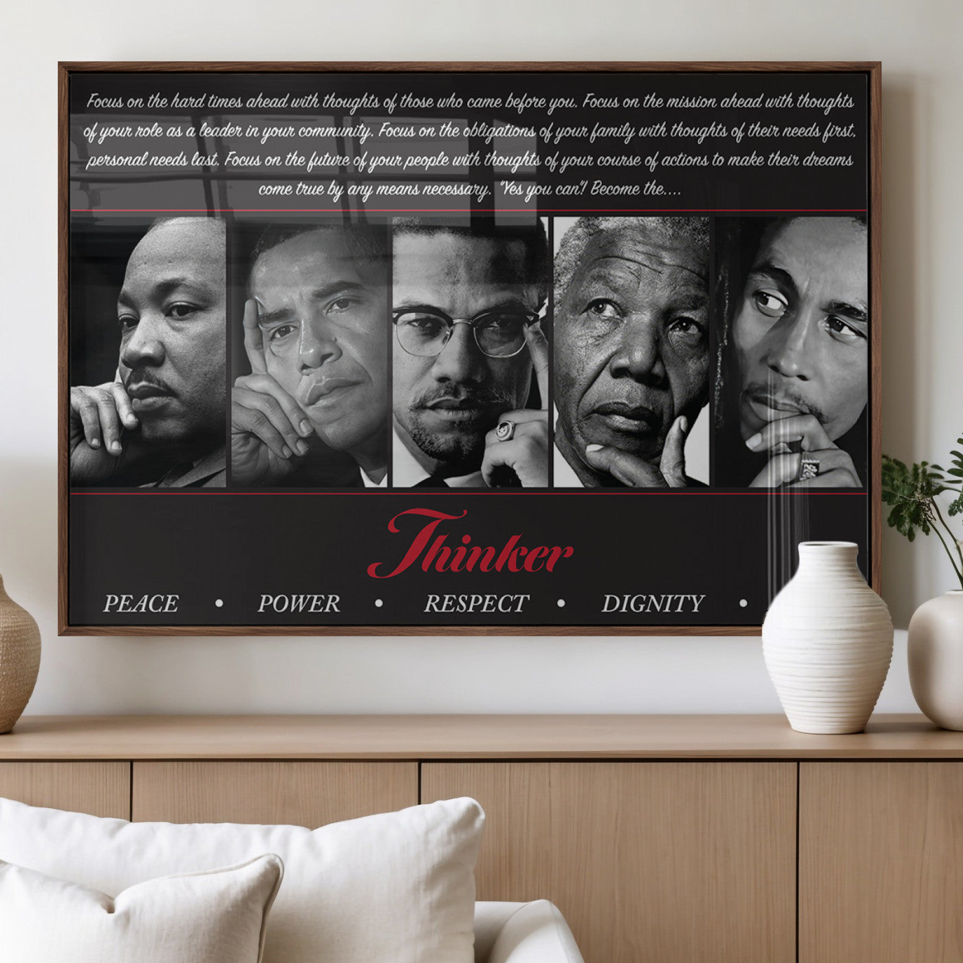 MGV-FP-36X24-3P - Thinker Quintet Canvas Wall Art – Martin, Obama, Malcolm X, Mandela, Marley Featuring Peace, Power,