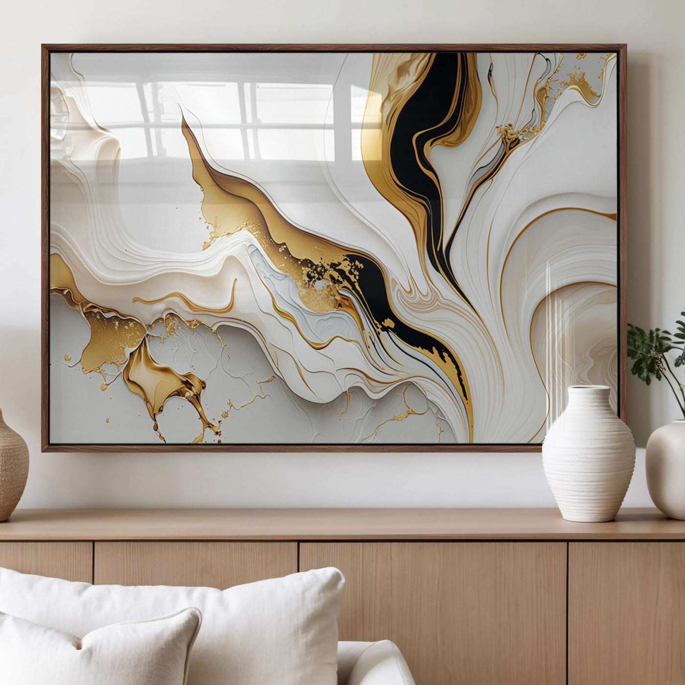 98637-MGV-FP-36X24-3P_Walnut-Gold Waves on Pure White Canvas – Gold Abstract Art for Modern Interiors | Wall Art Canvas, Framed &