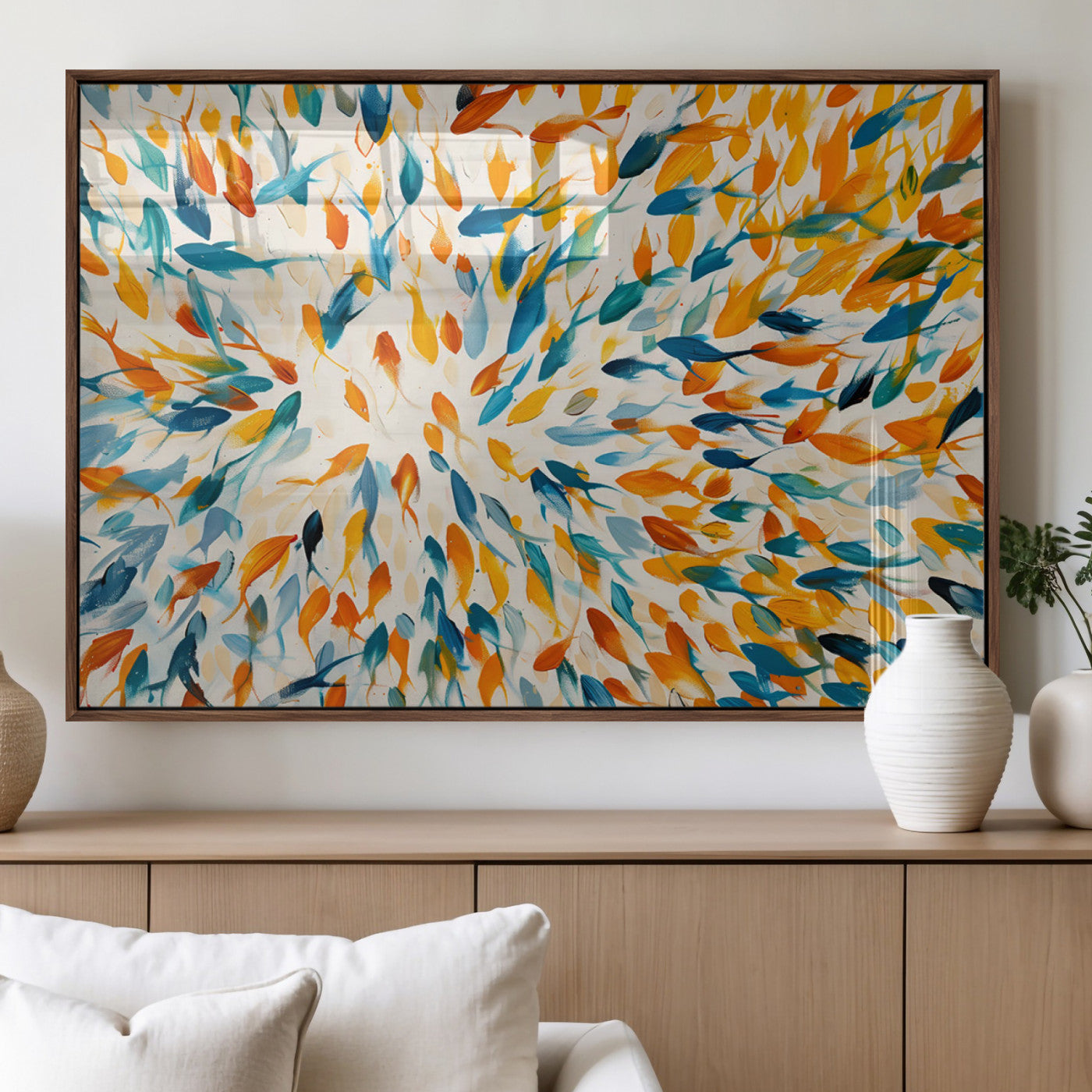 59969-MGV-FP-36X24-3P_Walnut-Colorful Fish Wall Art Print – Abstract Ocean-Inspired Wall Art for Modern Spaces | Framed Canvas,