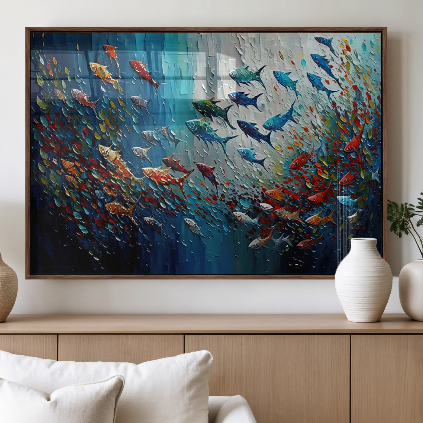 MGV-FP-60X30-3P - Modern Abstract Fish Shoal Wall Art Canvas Print, Colorful Fish Herd Painting on Canvas Print, Ocean