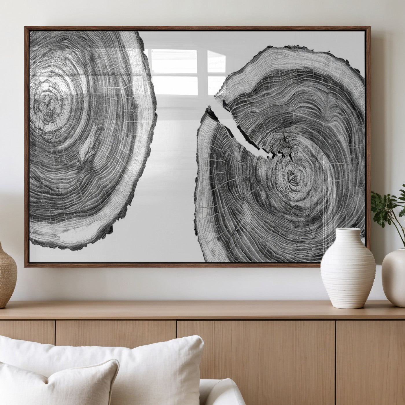 MGV-FP-60X30-3P - Modern Black and White Tree Rings Canvas Wall Art – Nature Inspired Wood Slice Print – Minimalist