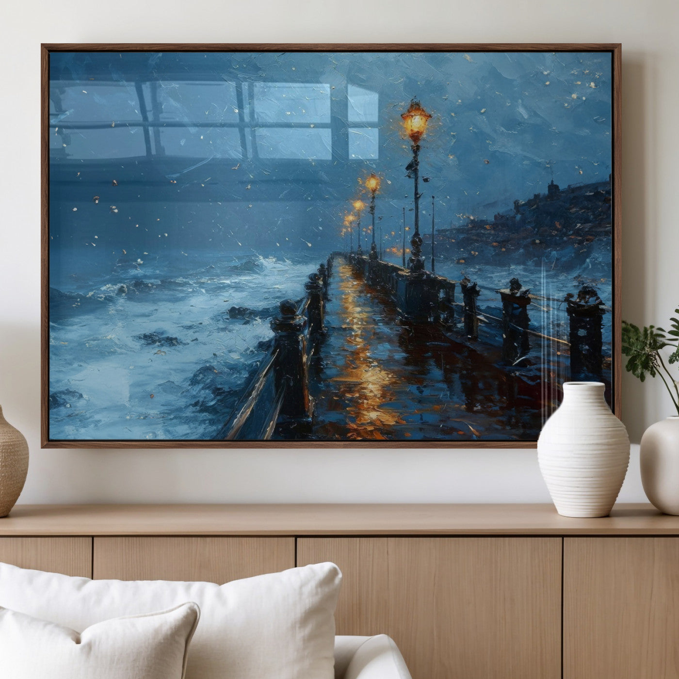 MGV-FP-36X24-3P - Stormy Night at Beach Pier Oil Painting Large Wall Art Print, Framed Canvas Nature Wall Decor,