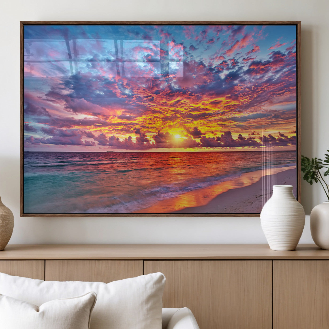 MGV-FP-60X30-3P - Vibrant Sunset Beach Wall Art - Ocean Sunset Canvas Print | Coastal Wall Art Decor Stunning Sunset