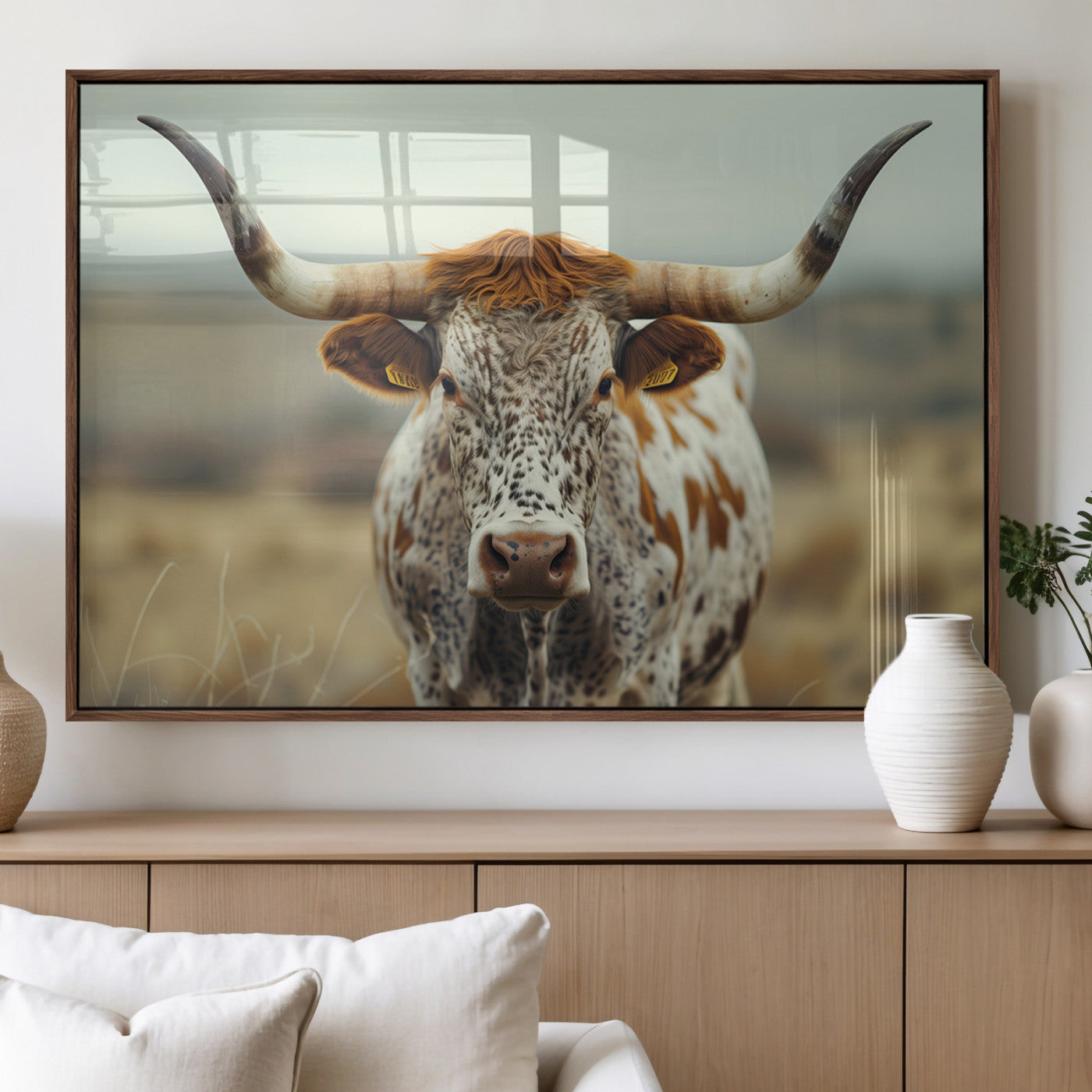 MGV-FP-60X30-3P - Texas Cow Longhorn Wall Art Canvas Print for Farm House Wall Decor, Farmhouse Wall Art Print
