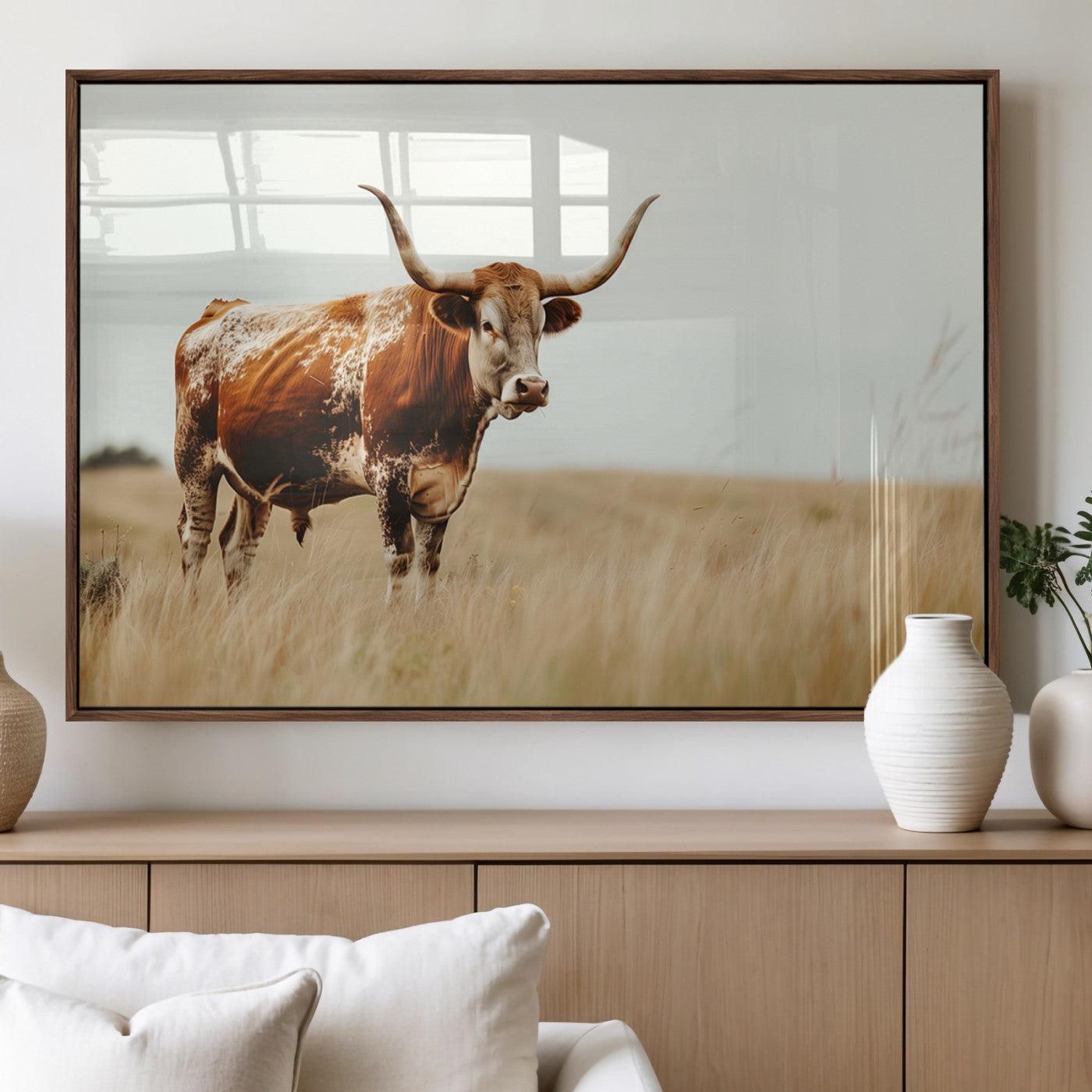 MGV-FP-60X30-3P - Texas Longhorn Canvas Wall Art Print – Majestic Western Cattle in Rustic Farmhouse Decor – Cow Wall