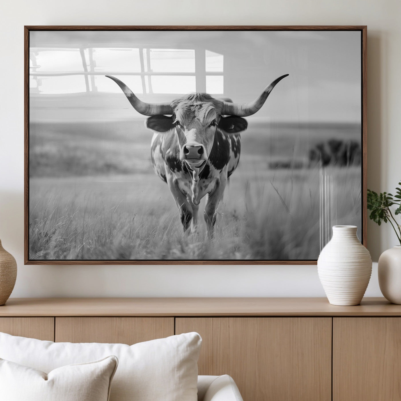 MGV-FP-60X30-3P - Texas Cow Longhorn Wall Art Canvas Print for Farm House Wall Decor, Farmhouse Wall Art Print
