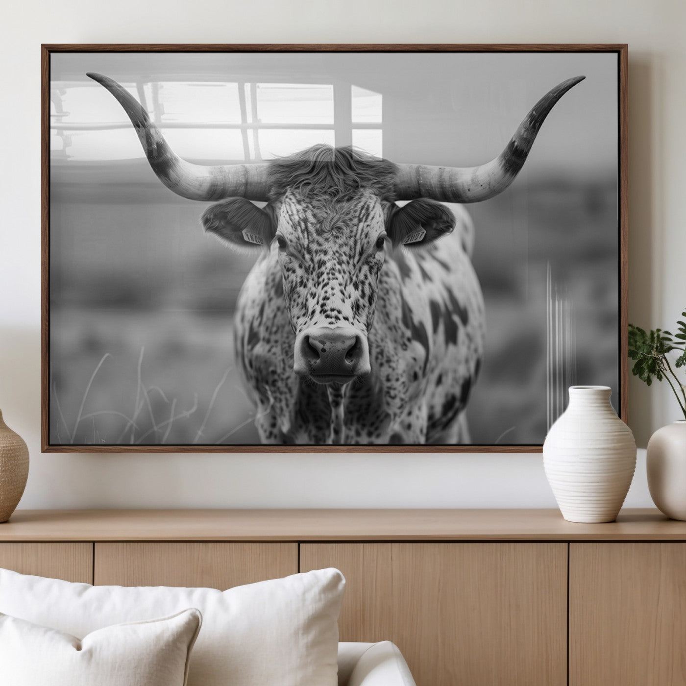 MGV-FP-60X30-3P - Texas Cow Longhorn Wall Art Canvas Print for Farm House Wall Decor, Farmhouse Wall Art Print