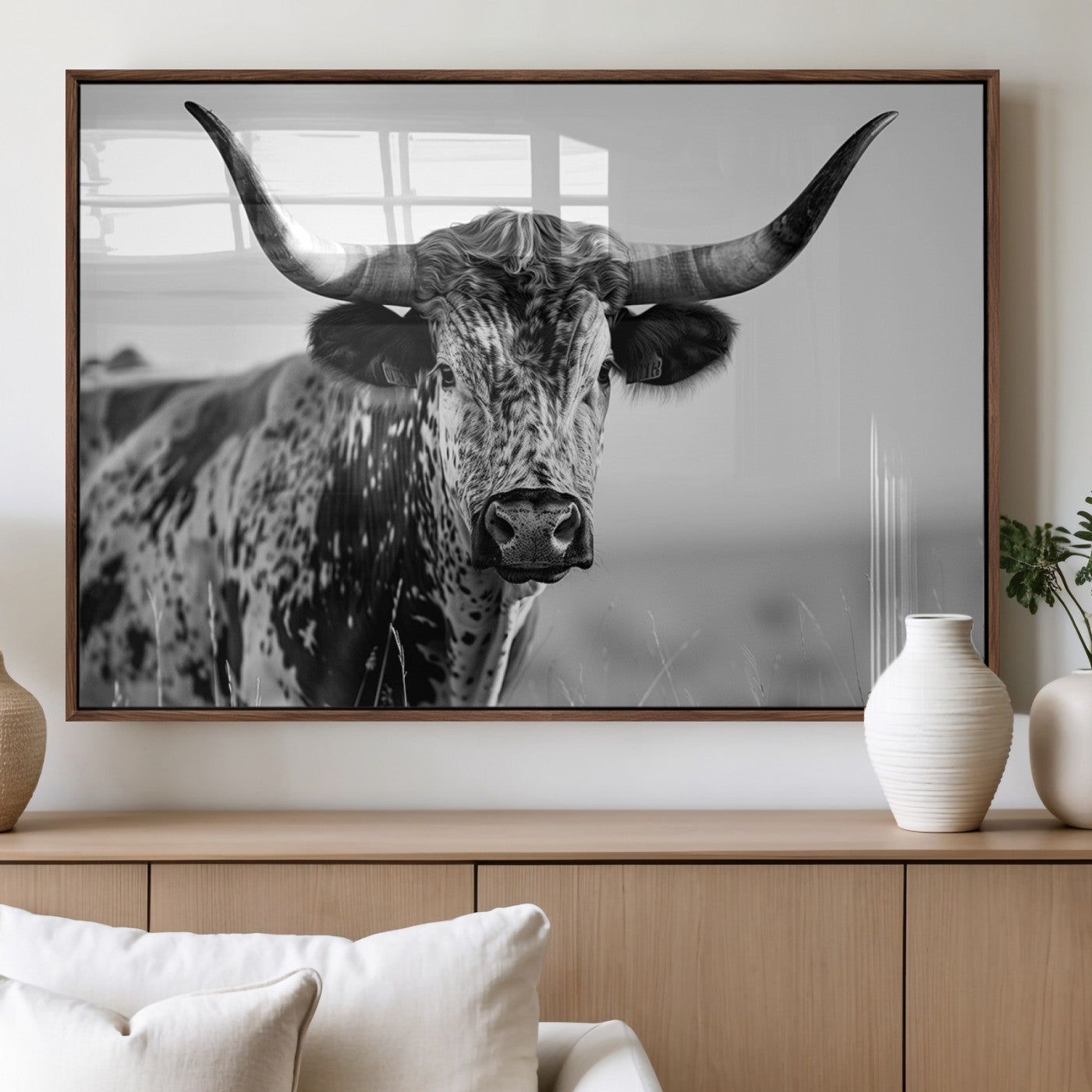 MGV-FP-60X30-3P - Texas Highland Cow Longhorn Canvas Print - Rustic Farmhouse Wall Art - Large Texas Longhorn