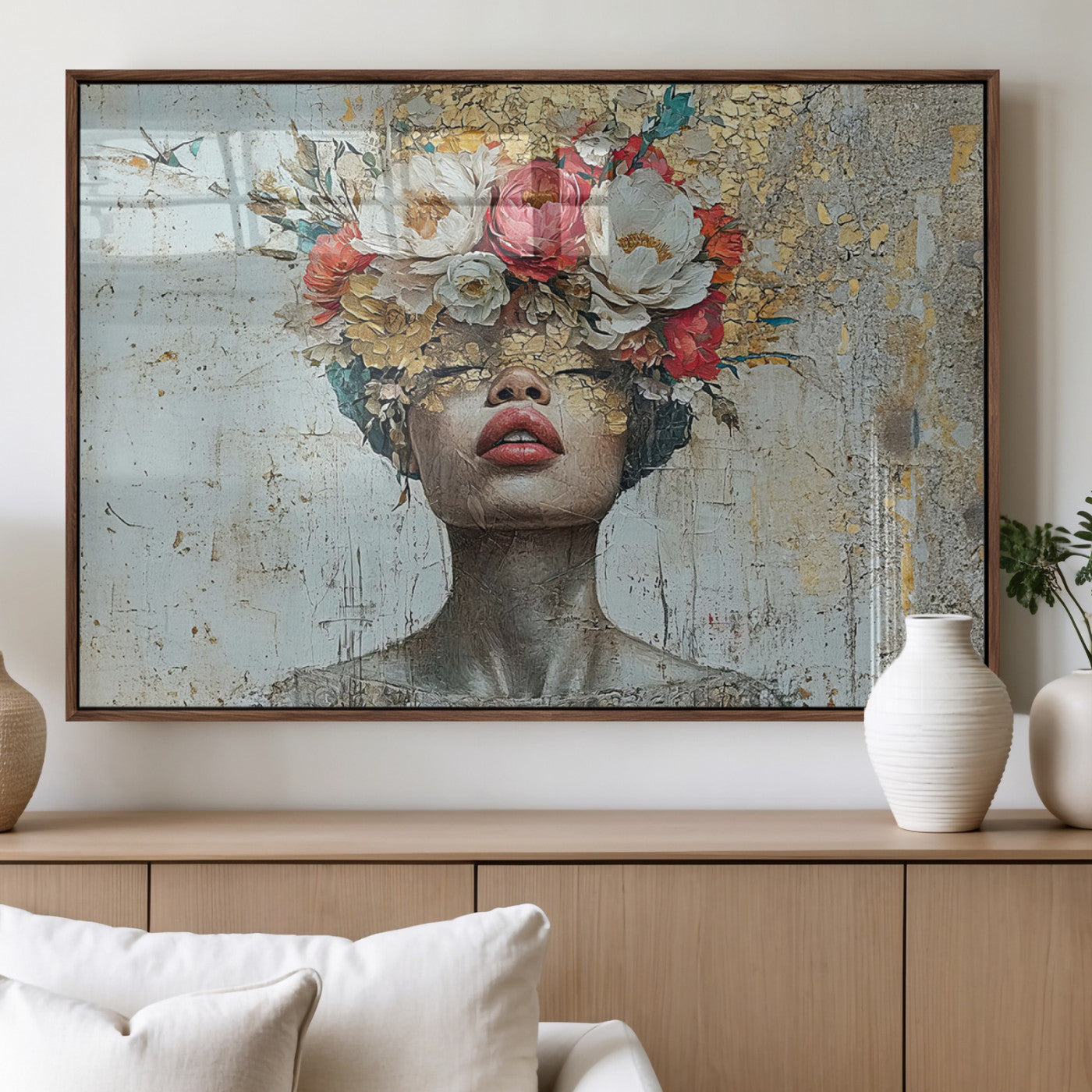 MGV-FP-60X30-3P - Golden Petal Wall Art Canvas Print - Silhouette Woman Wall Art Canvas Print, Floral Woman Portrait