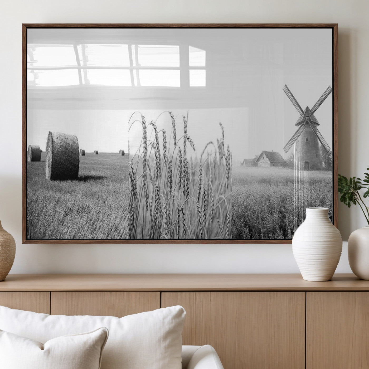 MGV-FP-60X30-3P - Vintage Farmhouse Black and White Triptych Wall Art – Giclee Canvas Featuring Wheat Fields, Hay