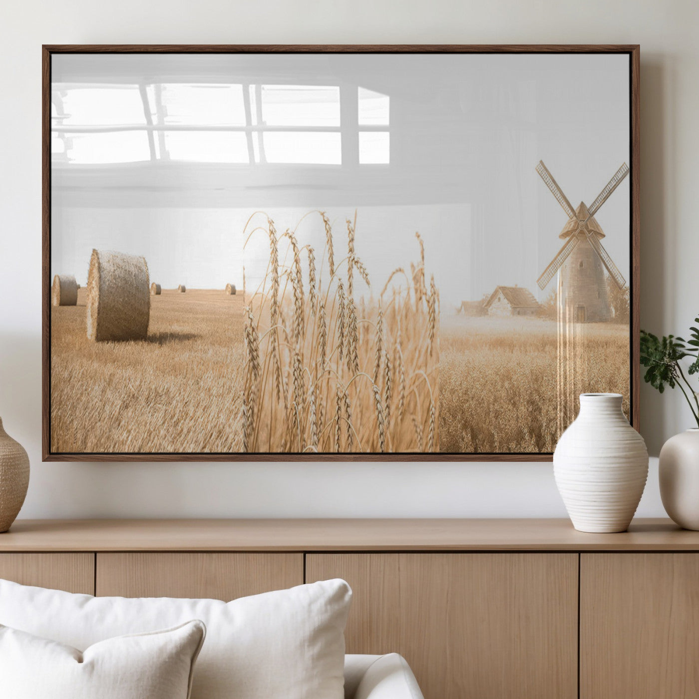 MGV-FP-36X24-3P - Vintage Farmhouse Triptych Wall Art – Giclée Canvas Featuring Wheat Fields, Hay Bales, and a