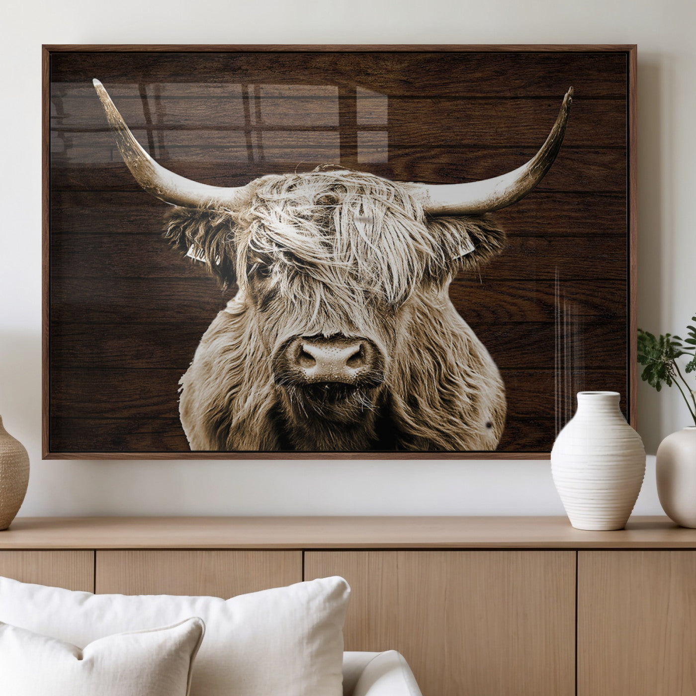 MGV-FP-60X30-3P - Highland Cow Wall Art Canvas Print, Rustic Farmhouse Decor, Majestic Scottish Highland Bull Portrait