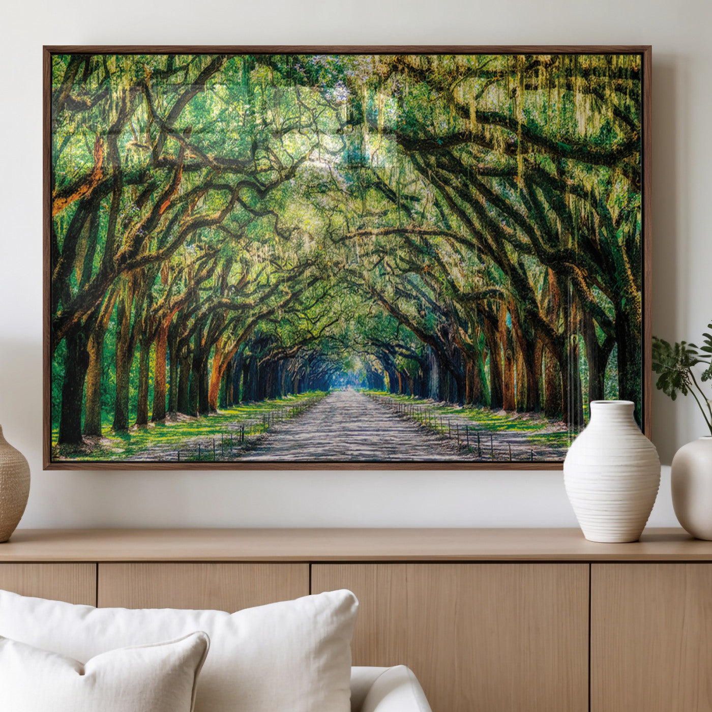 MGV-FP-60X30-3P - Serene Tree Tunnel Wall Art Canvas Print – Pathway Under Canopy of Lush Green Trees, Nature-Inspired