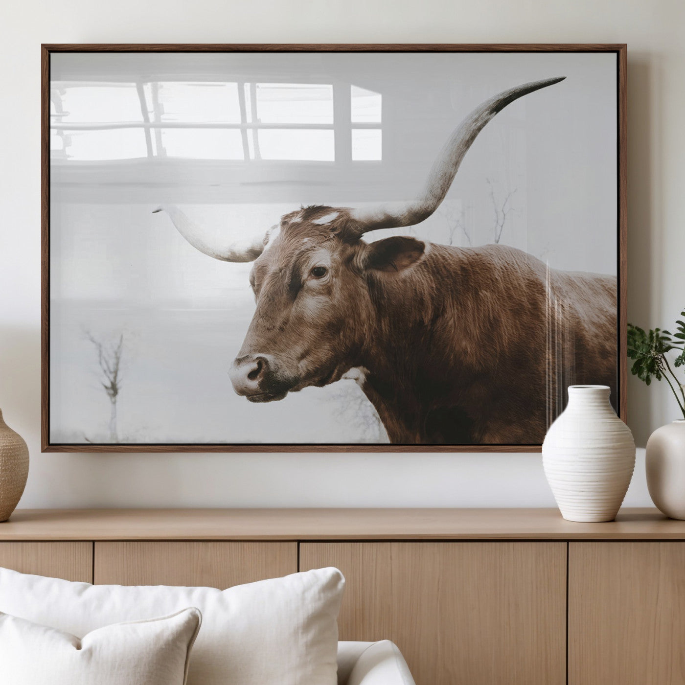 MGV-FP-60X30-3P - Rustic Bull Wall Art Canvas Print – Modern Longhorn Farmhouse Animal Decor – Abstract Farm Cow