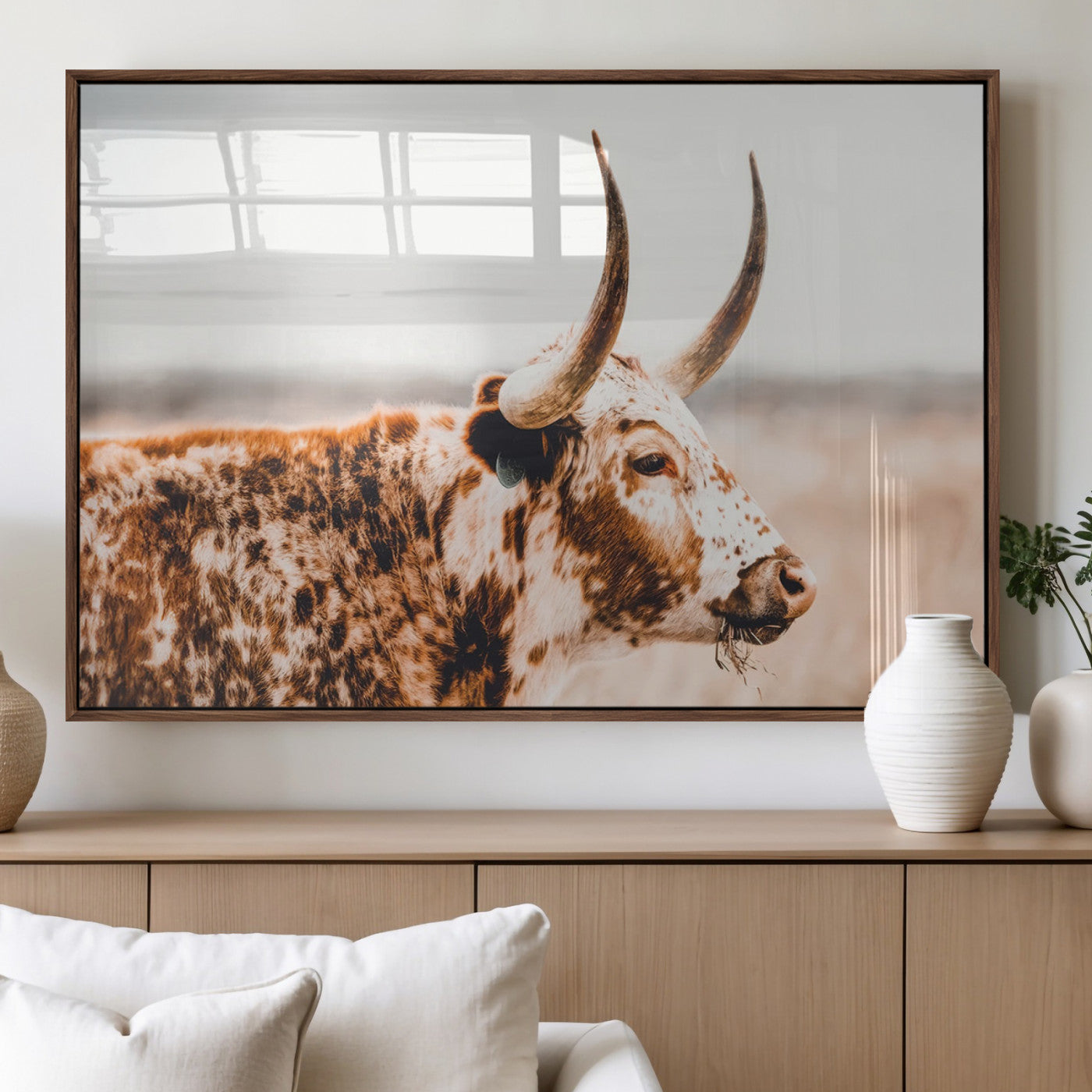 50356-MGV-FP-36X24-3P_Walnut-Speckled Bull Wall Art Canvas Print – Rustic Cow Longhorn Farmhouse Animal Decor – Western Longhorn