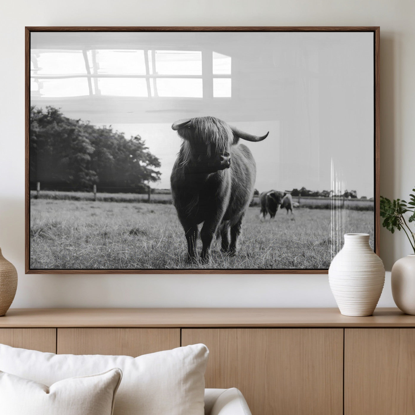 MGV-FP-60X30-3P - Black and White Highland Cow Wall Art Canvas Print | Rustic Western Decor for Living Room or Office,