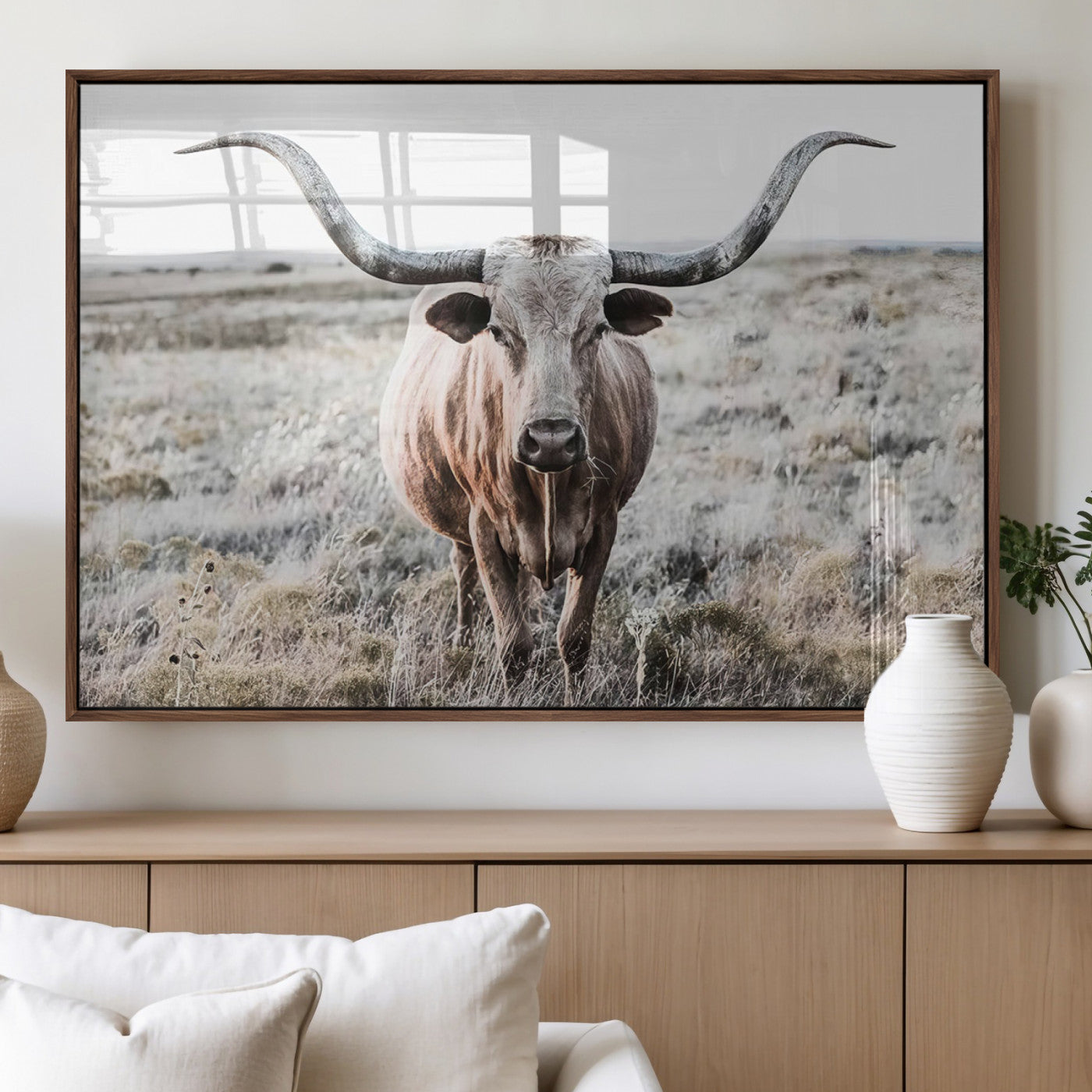 26121-MGV-FP-36X24-3P_Walnut-Rustic Texas Longhorn Wall Art Canvas Print | Western Farmhouse Decor for Living Room or Office,