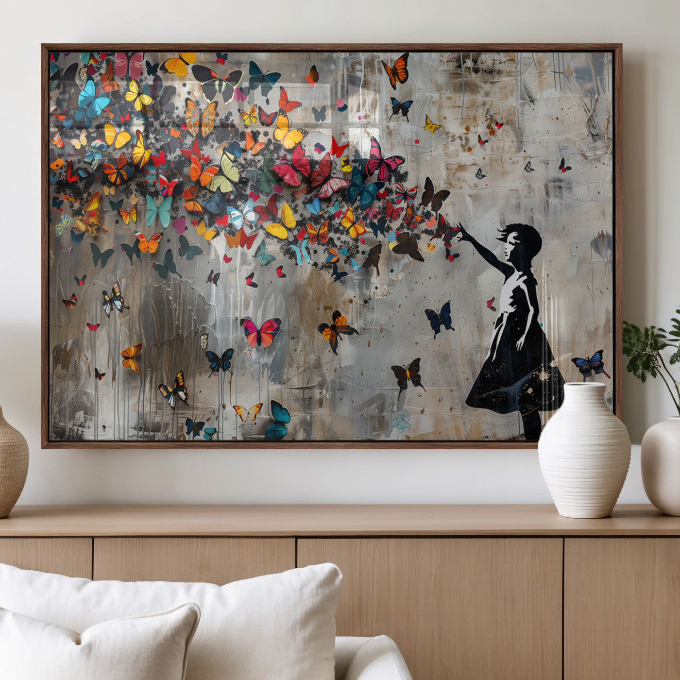 MGV-FP-60X30-3P - Banksy Wall Art - Banksy Girl and Butterfly Explosion Wall Art Canvas Print | Girl with Butterflies