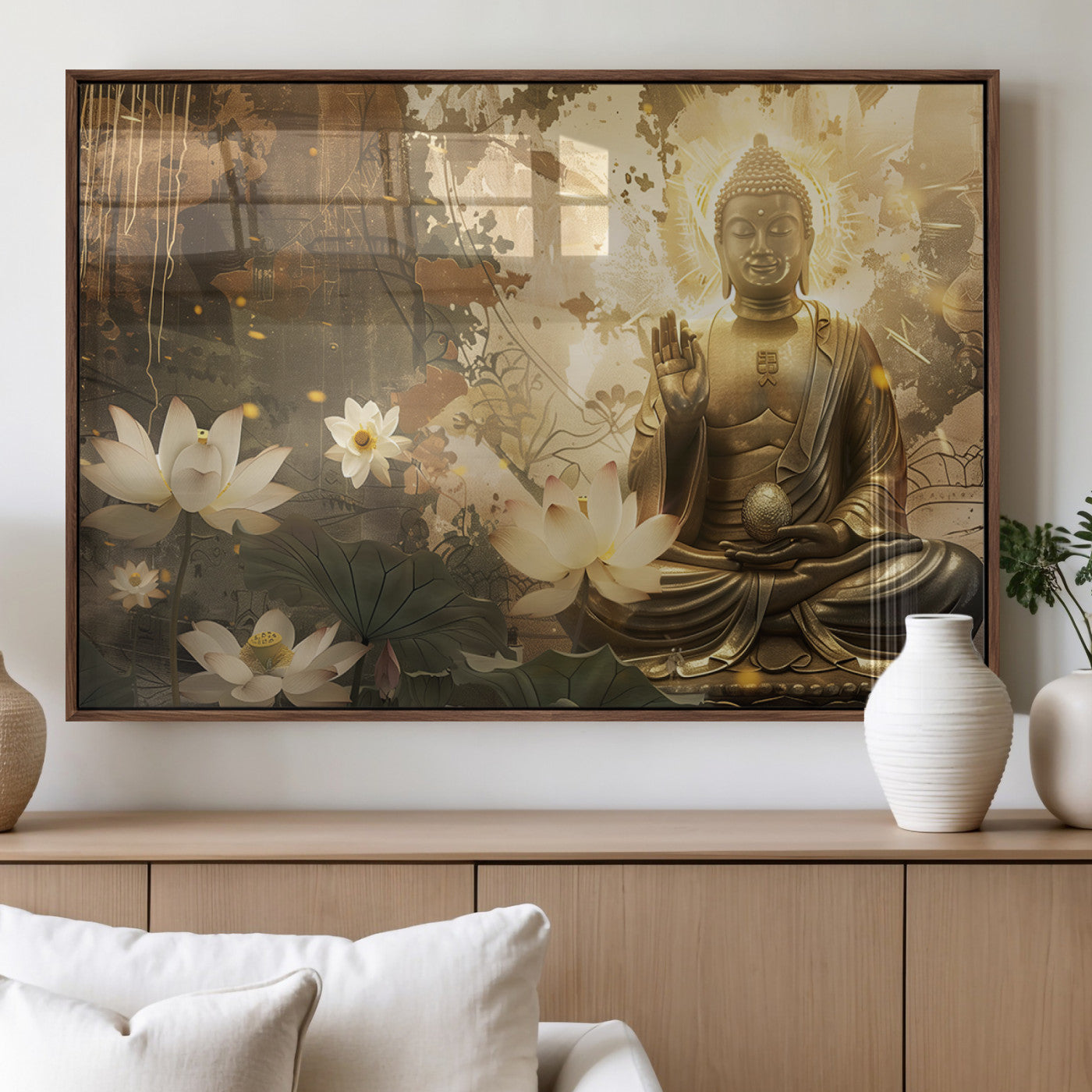 MGV-FP-60X30-3P - Zen Buddha Wall Art Canvas Print | Peaceful Meditation Decor with Lotus Flowers | Spiritual Serenity