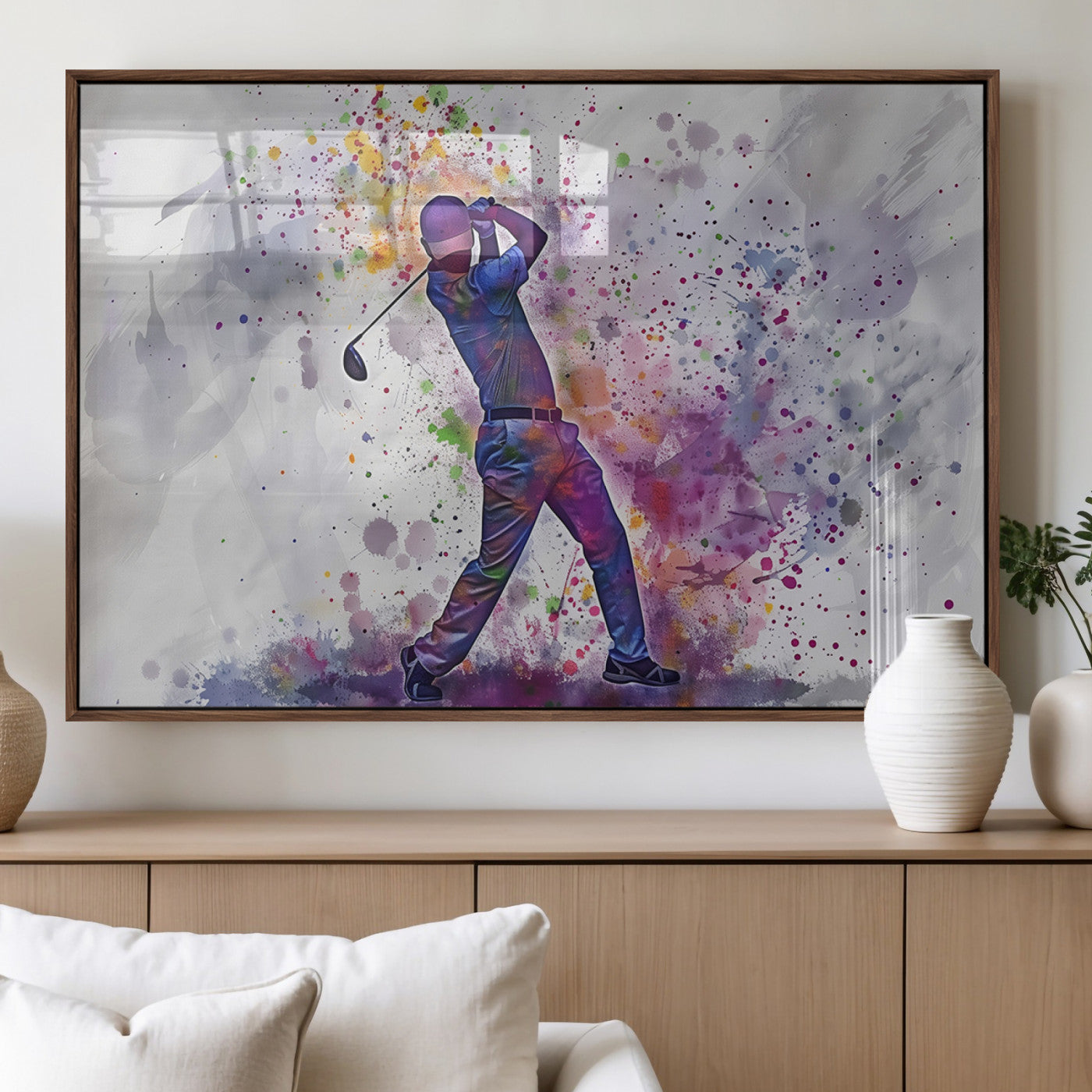 MGV-FP-60X30-3P - Watercolor Golf Swing Wall Art Canvas Print | Vibrant Abstract Golf Player Silhouette |