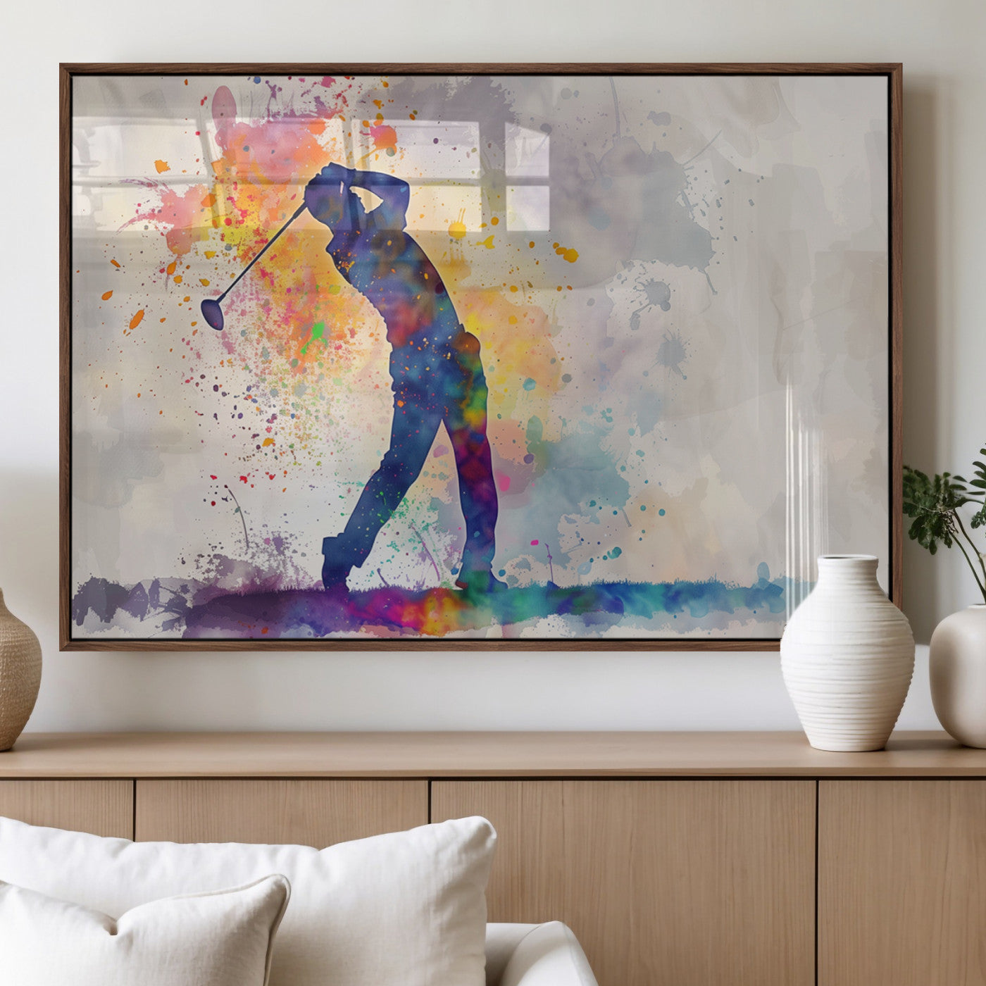 MGV-FP-60X30-3P - Watercolor Golf Swing Wall Art Canvas Print | Vibrant Abstract Golf Player Silhouette |