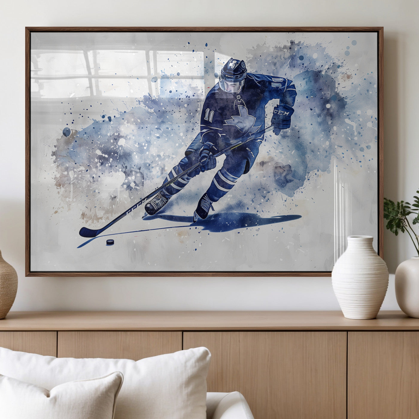 MGV-FP-60X30-3P - Hockey Player Wall Art Canvas Print - Sports-Inspired Watercolor Decor - Ready to Hang
