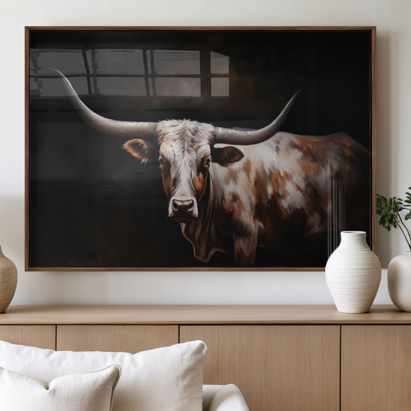 82543-MGV-FP-60X30-3P_Walnut-Texas Longhorn Wall Art Canvas Print | Western Ranch Decor | Bold Rustic Cattle Artwork | Ready to