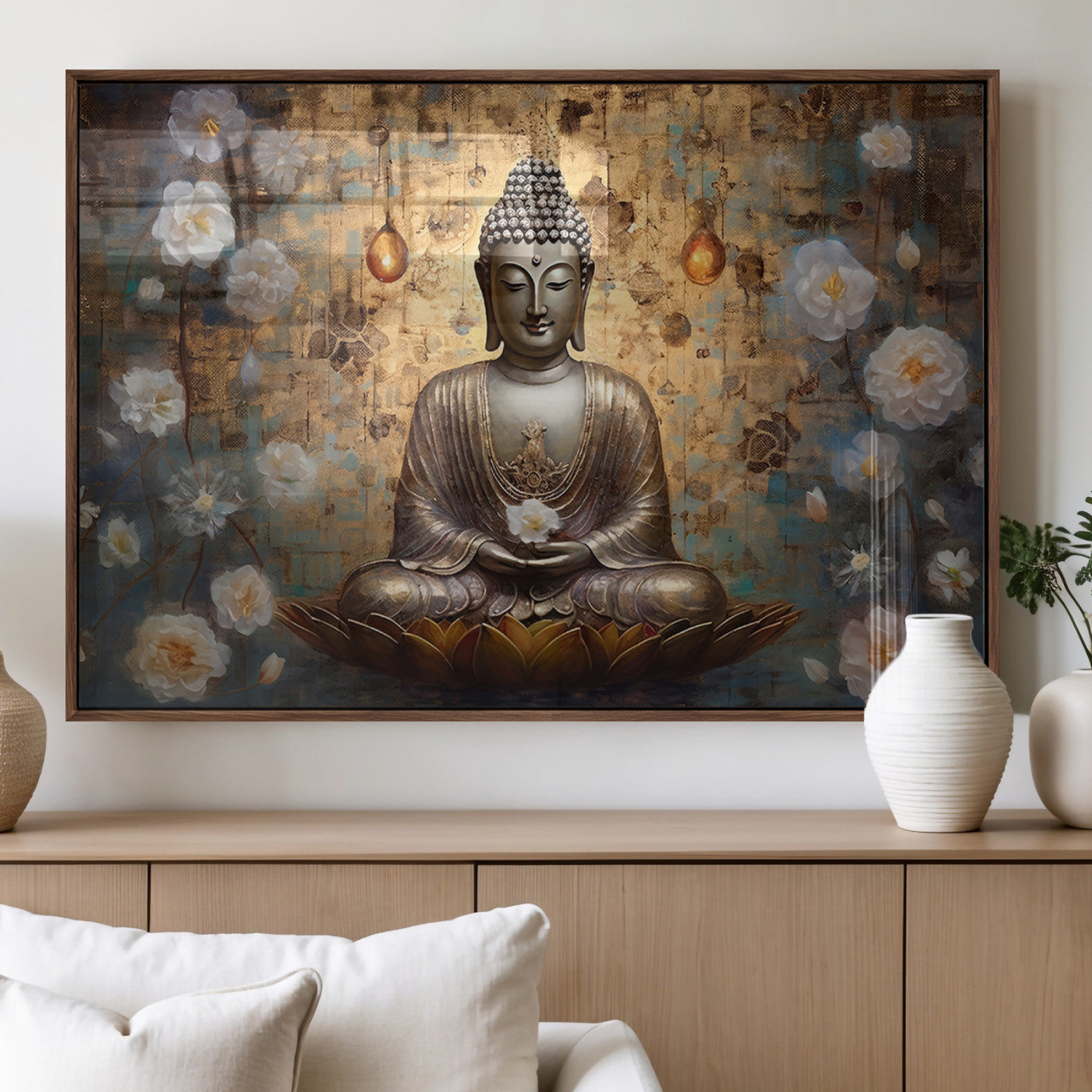 MGV-FP-60X30-3P - Golden Buddha Wall Art Canvas Print | Zen Meditation Floral Decor | Tranquil Spiritual Home Art |