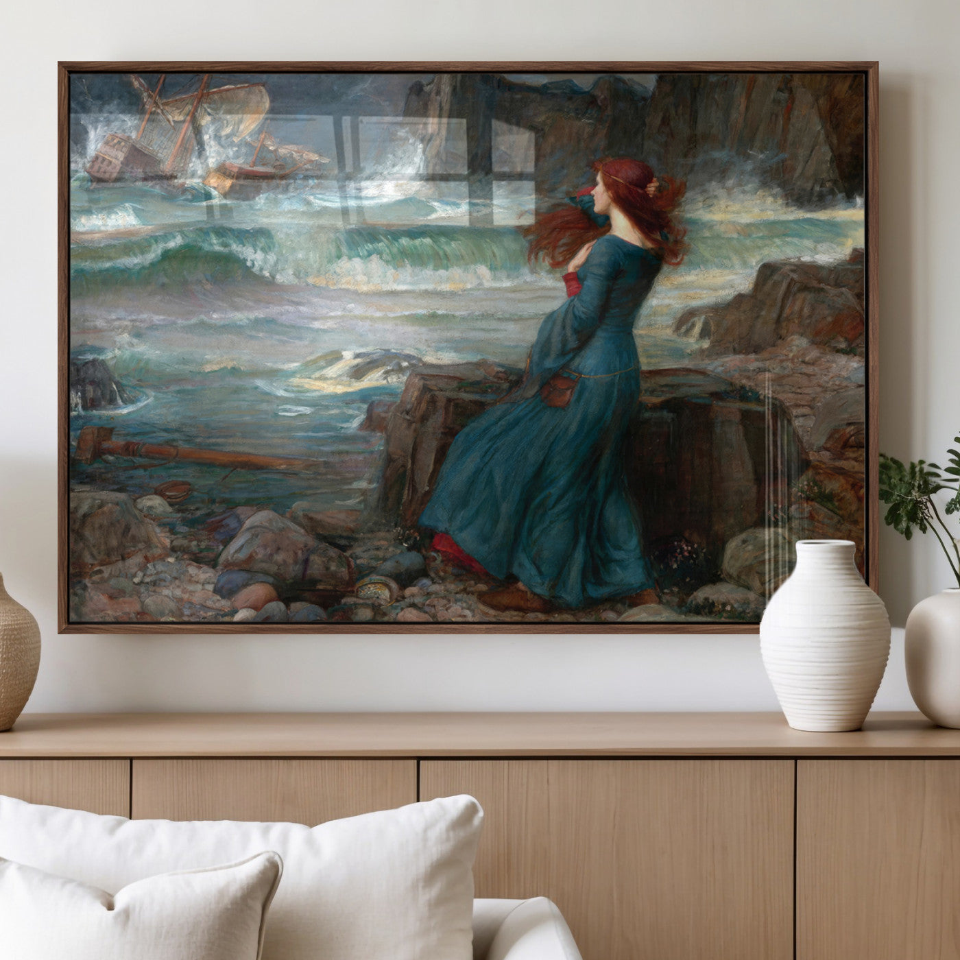 1-MGV-FP-36X24-3P_Walnut-Miranda by the Shore Wall Art Canvas Print – Tempest Scene Ocean Storm – Ready to Hang