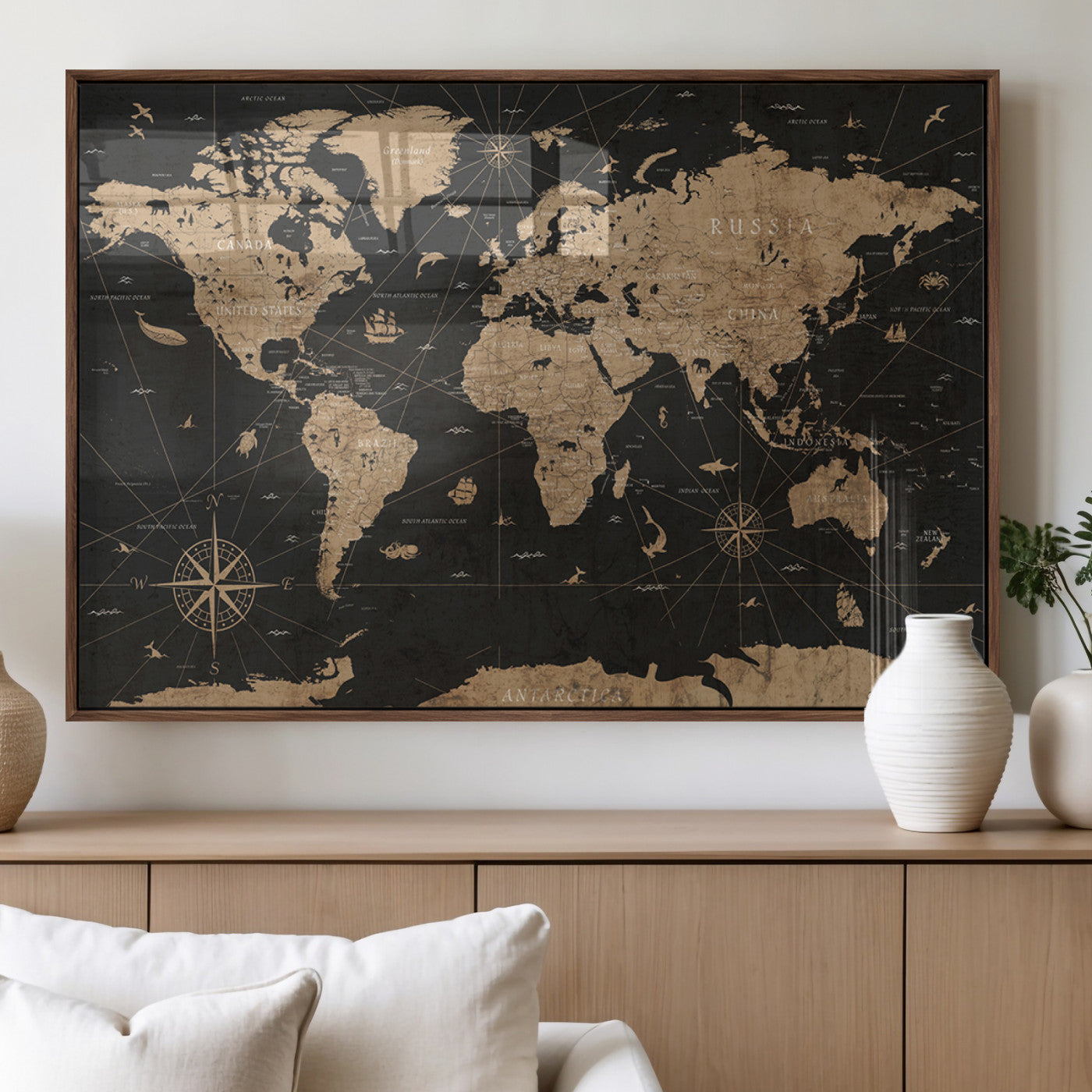 61023-MGV-FP-60X30-3P_Walnut-World Map Canvas Print – Framed Wall Art for Home Decor