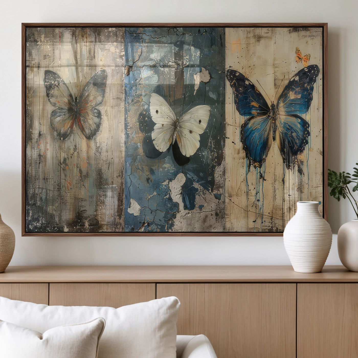 MGV-FP-36X24-3P - Butterfly Wall Art Trio | Vintage Butterfly Canvas Print | Ready to Hang Framed Artwork for