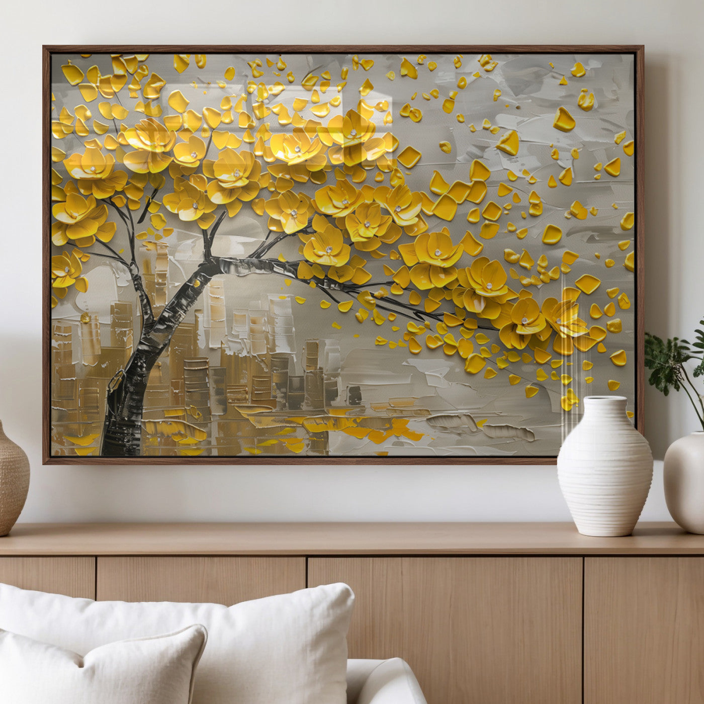 MGV-FP-60X30-3P - Yellow Blossom Tree Canvas Wall Art - Floral Abstract Modern Contemporary Artwork for Living Room or