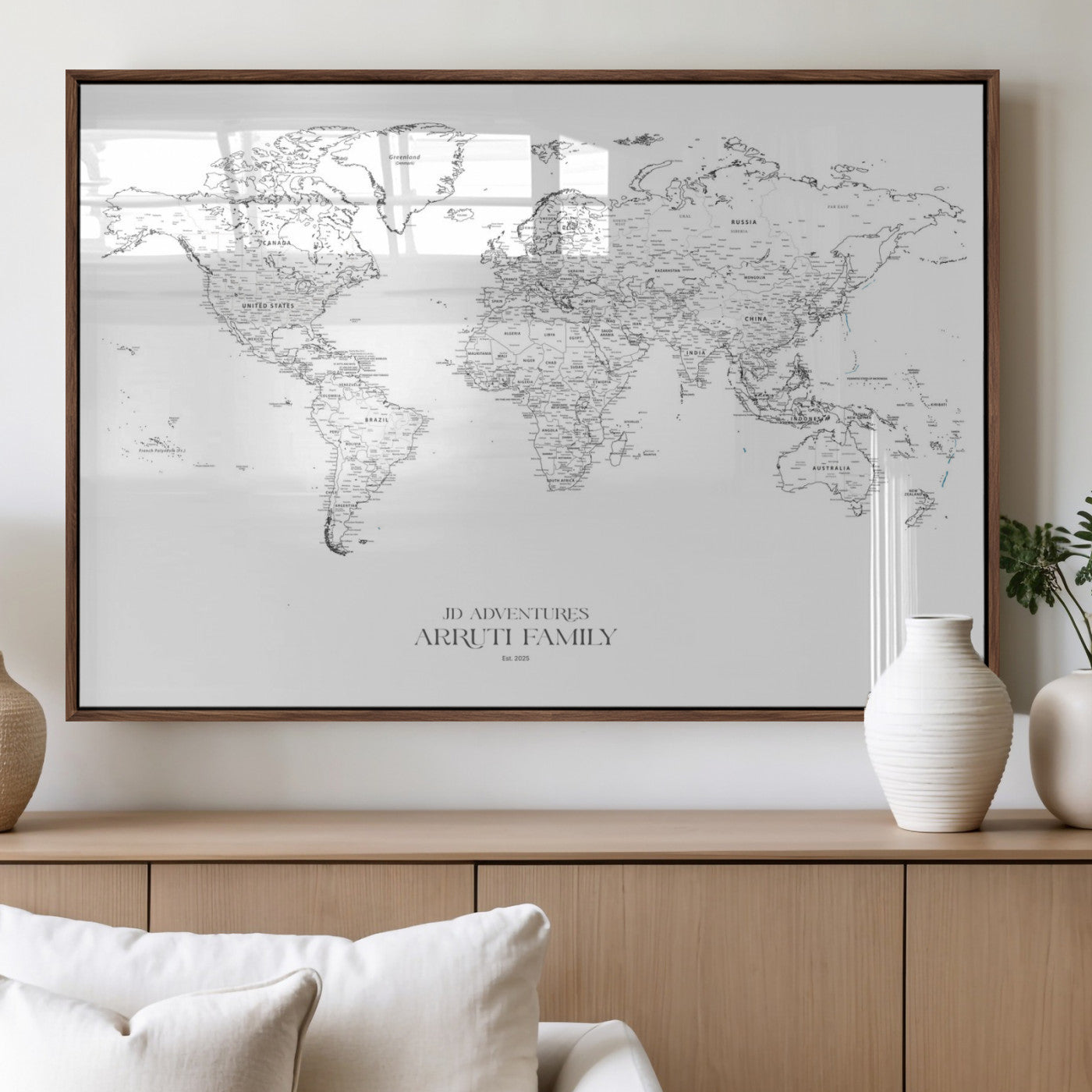 MGV-FP-60X30-3P - Custom World Map Wall Art – Personalized Framed Canvas Print with Push Pins for Travel Tracking,
