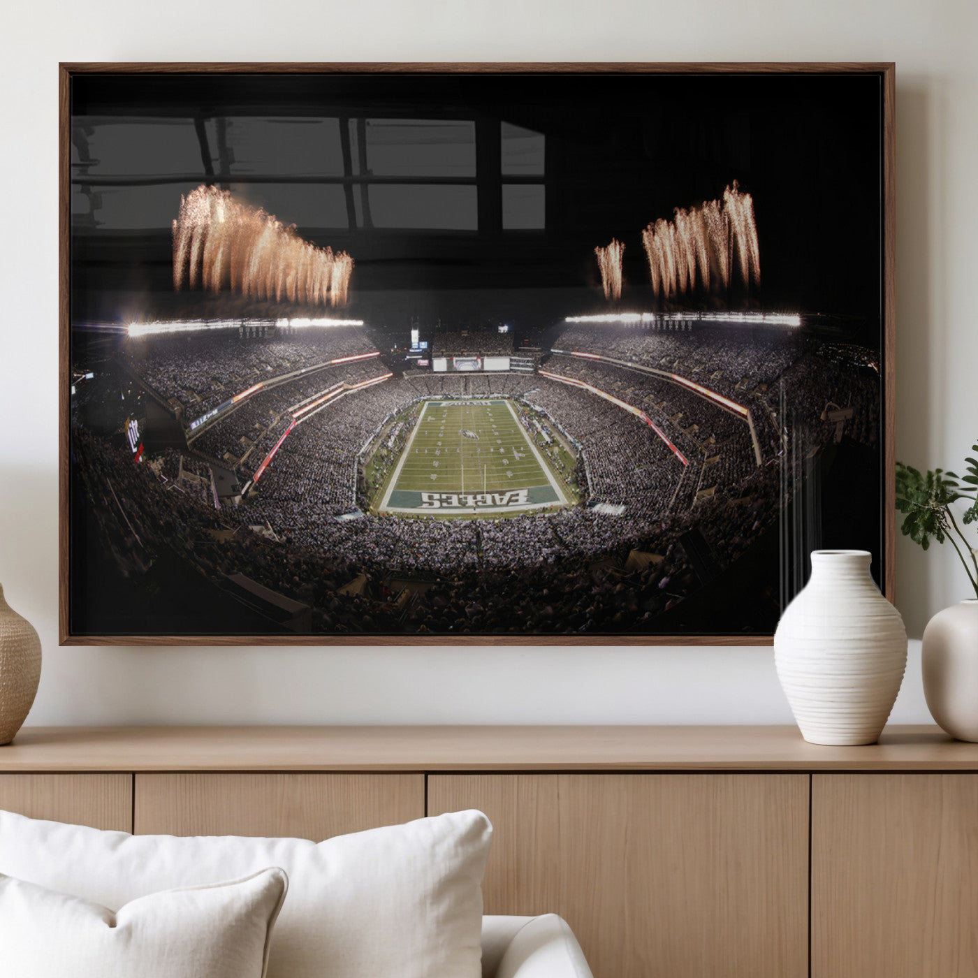 48893-MGV-FP-60X30-3P_Walnut-Eagles Field Stadium Wall Art - Lincoln Financial Field Fireworks Game Triple Canvas Wall Art -