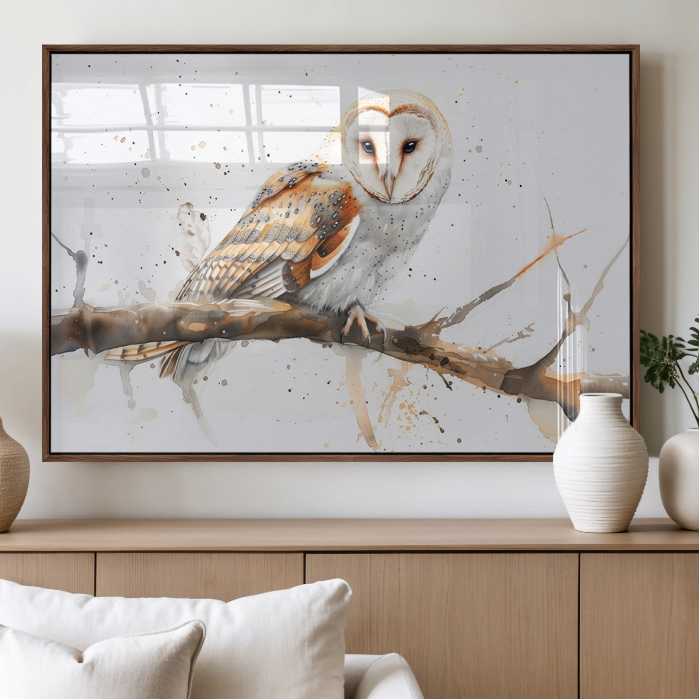 MGV-FP-60X30-3P - Barn Owl Wall Art on Branch | Stunning Canvas Print for Nature Lovers | Ready to Hang and Framed