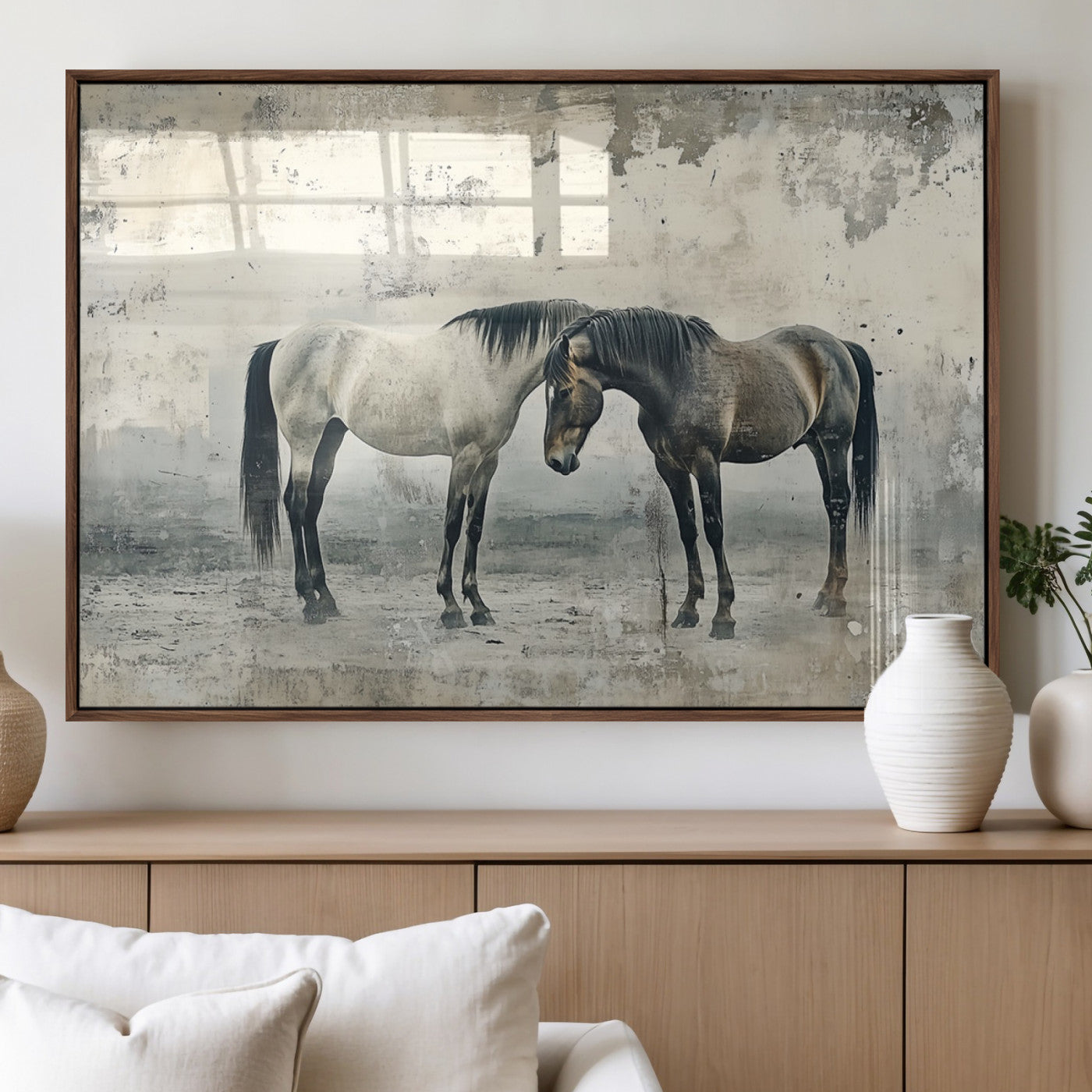 MGV-FP-60X30-3P - Chines Style Majestic Horses Wall Art | Ready to Hang and Framed Triptych Print | Western Farmhouse